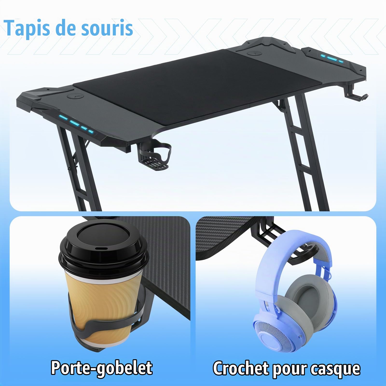 Bureau Gaming, Bureau Gamer LED, Table Gaming, 120x60cm PC Robuste Bureau Informatique Ergonomique avec Porte Gobelet et Crochet pour Casque, LED Table Bureau en Forme de Z Cool