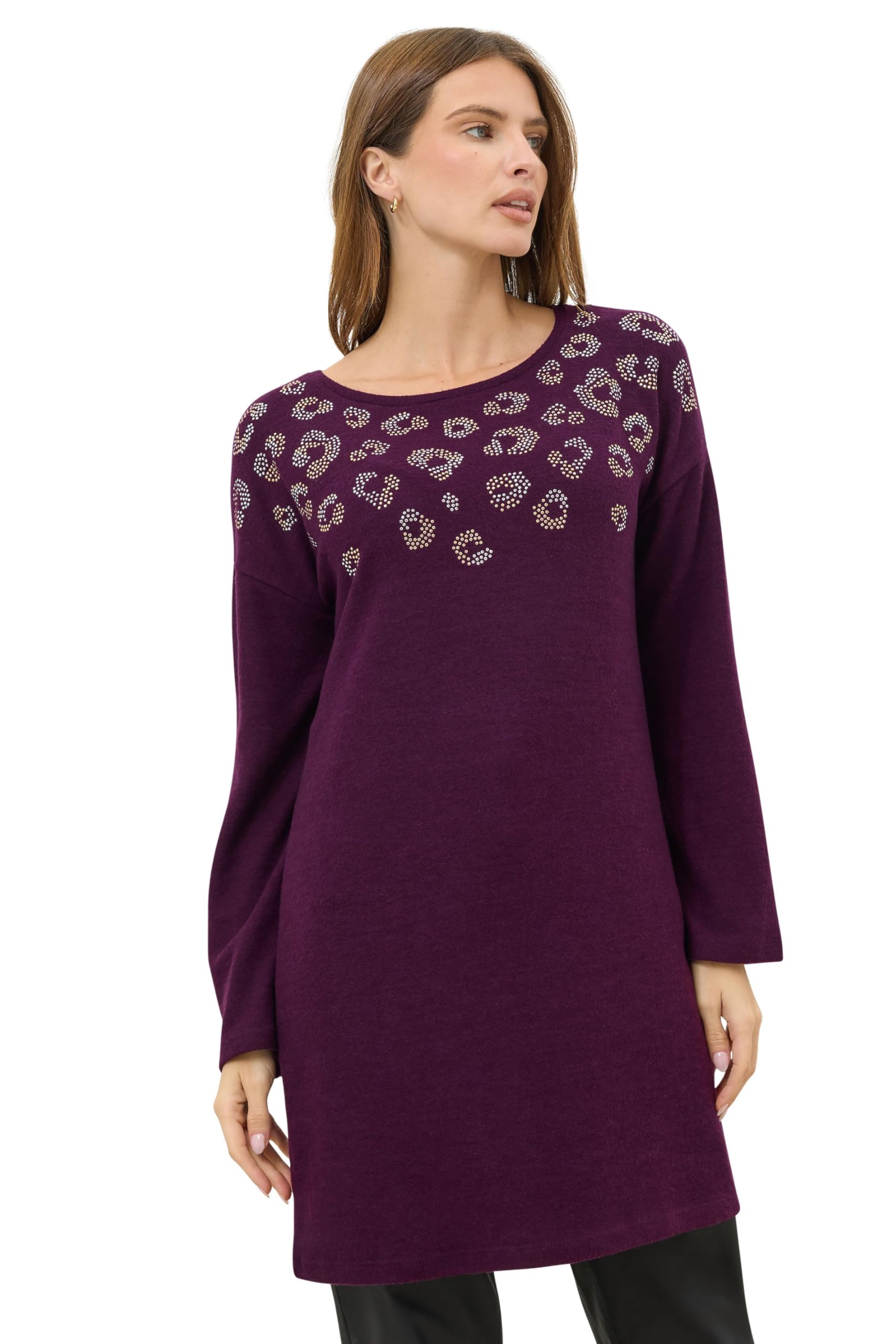 M&Co Women's Purple Berry Embellished Leopard Tunic Jumper Dress