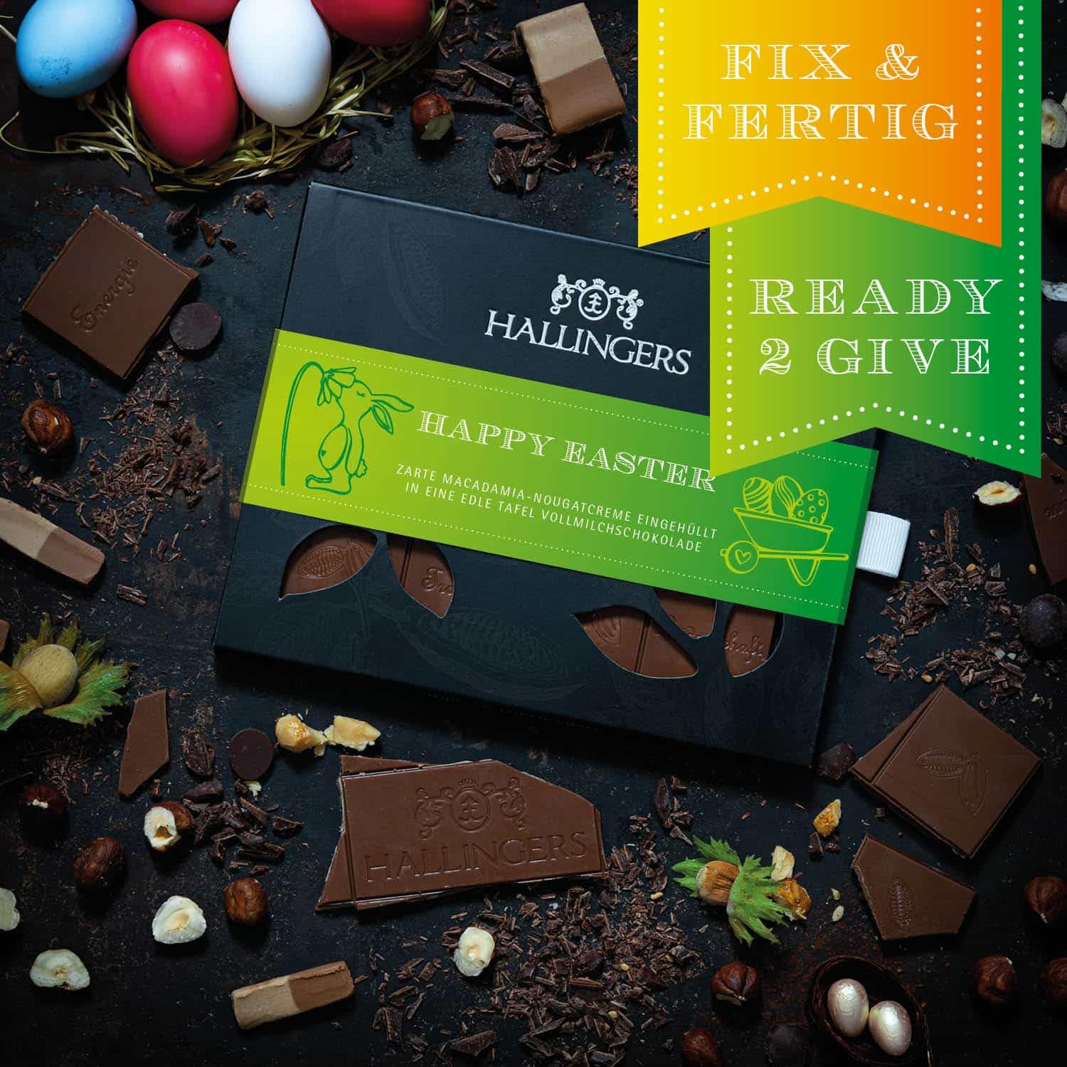 Hallingers Genuss Manufaktur Feinkost Oster-Geschenk-Set - XL-Geschenkkorb "Easter Bag gree..." großes Osternest 1 Schokoladen-Tafel, 9 Trüffel & 20 Pralinen-Ostereier, Ostern Körbchen für Frauen