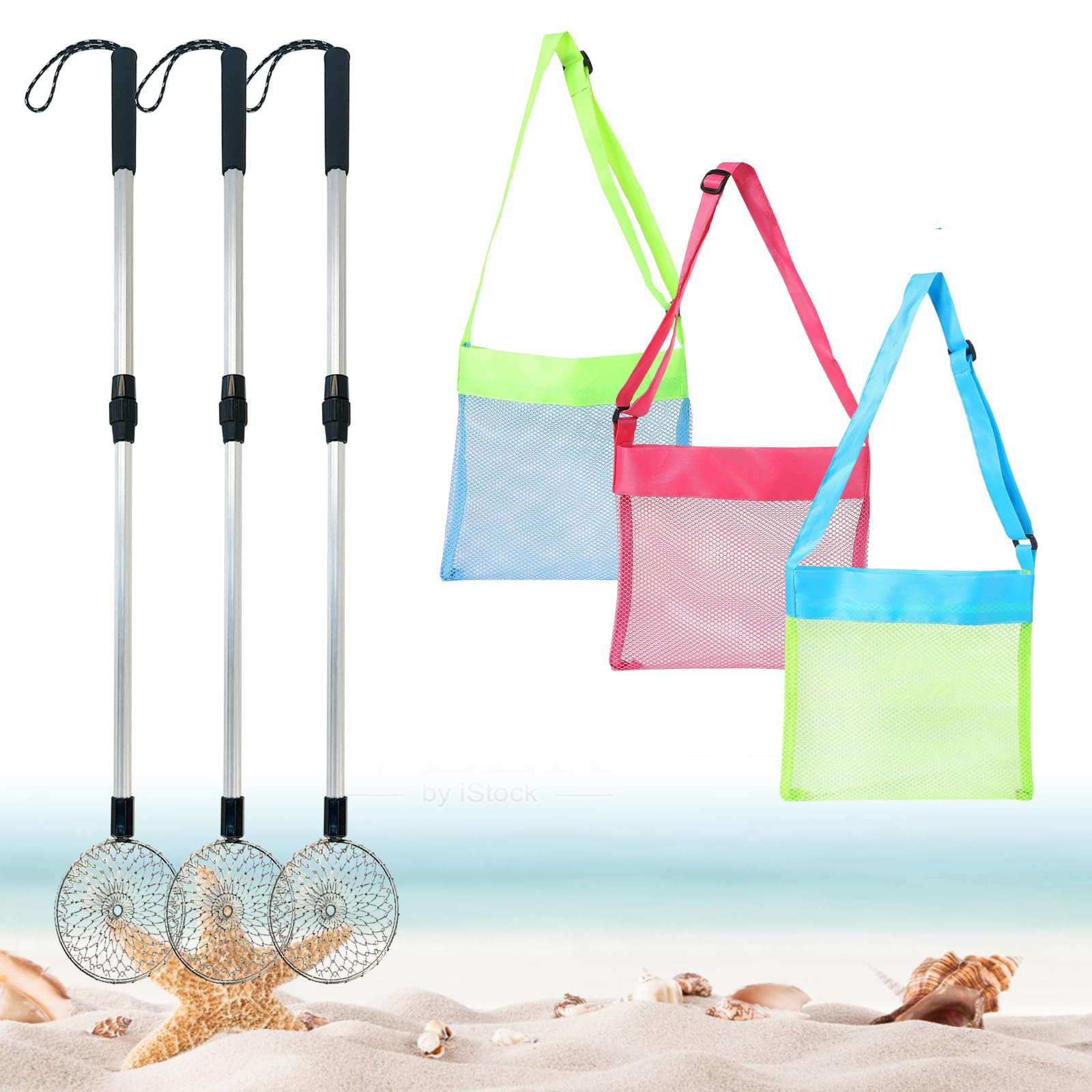 6Pcs Beach Sand Sifter, Adjustable Shark Teeth Sifter Shell Shovel Rock Scooper with Shell Collecting Bag- Beach Scoop Shovel and Sifter Tool for Picking Up Shells Beachcombing & Rock Hunting