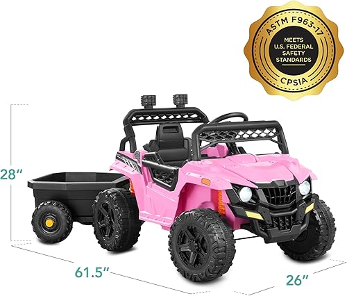 Miniatura 9 de Best Choice Products Vehículo y remolque eléctrico UTV de 12 V para niños con control parental, luces LED, 2 velocidades, Bluetooth, color rosa