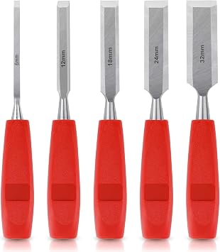 5 Pcs Wood Chisel Sets, Wood Chisels for Woodworking DIY Carving Tools with Bevel Edge, Carpenters Chisel Set with Non-slip Long Handle, Hand Woodworking Tools for Carpentry Joinery Sculpting, 5 Sizes