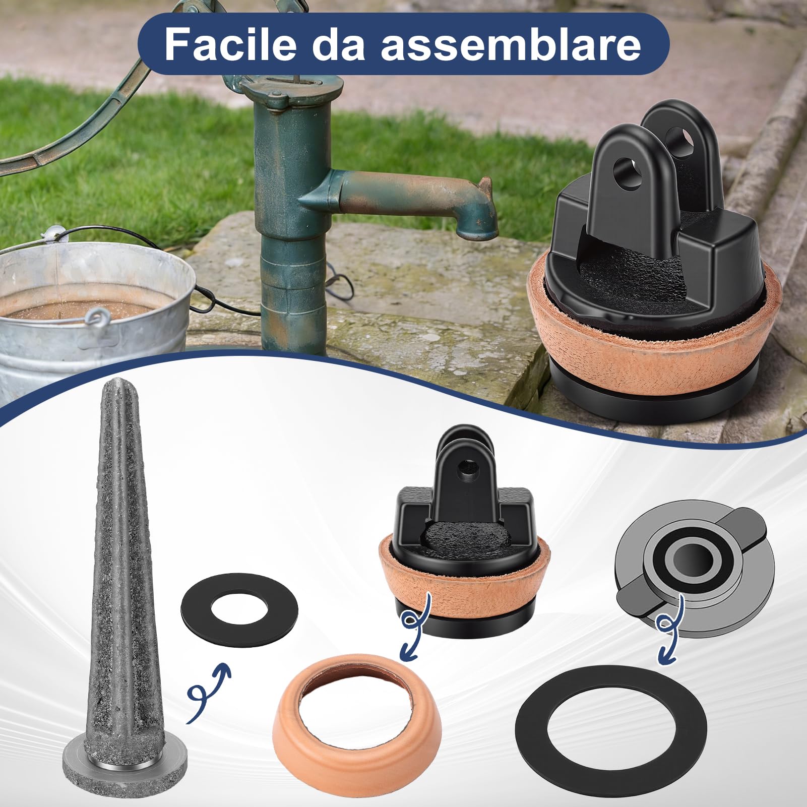 Kit Pistone di Ricambio per Pompe per Impugnature, pompa da giardino a mano dell'acqua di Tipo 75 con valvola perforante, rivestimento in pelle, pistone ad anello di tenuta