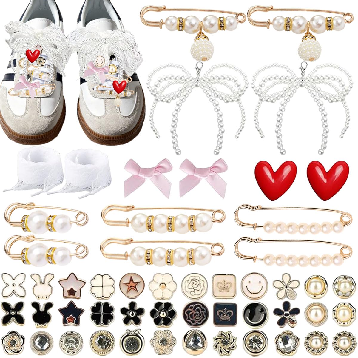 Thyrhntr Shoe Charms for Sneakers Women, 51PCS Contain Pearl Lace Bow DIY Decorations Charms Kit Clothing Shoes Jewelry Safety Pins for Junk Socks Shoelace Sambas, M, Alloy Steel, No Gemstone