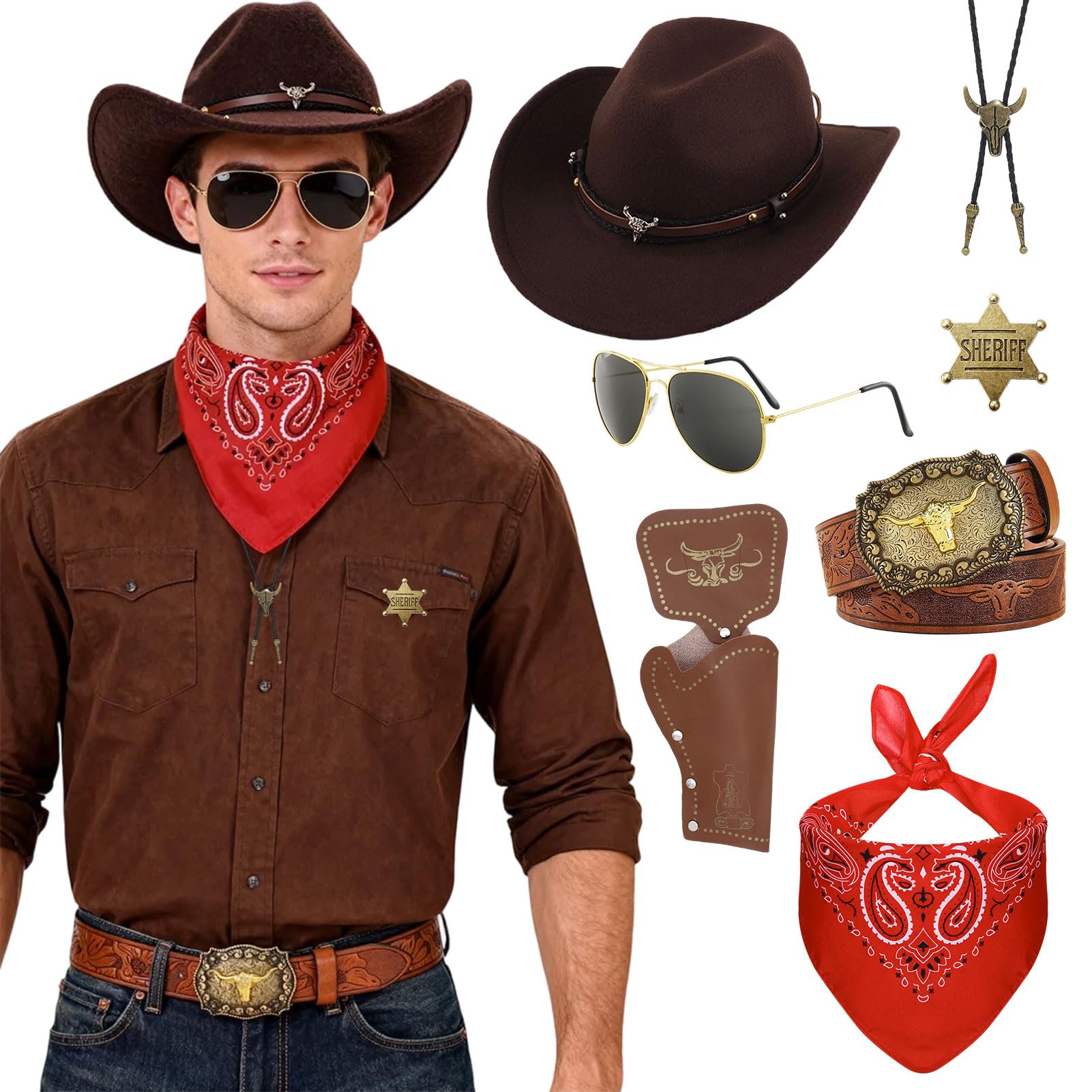 Essestim 7 Pcs Western Cowboy Fancy Dress Accessories Set with Brown Hat, Holster, Bandanna, Sheriff Badge, Glasses, Belt Accessories for Halloween, Cosplay, Western Theme Party (Brown, Style 2)