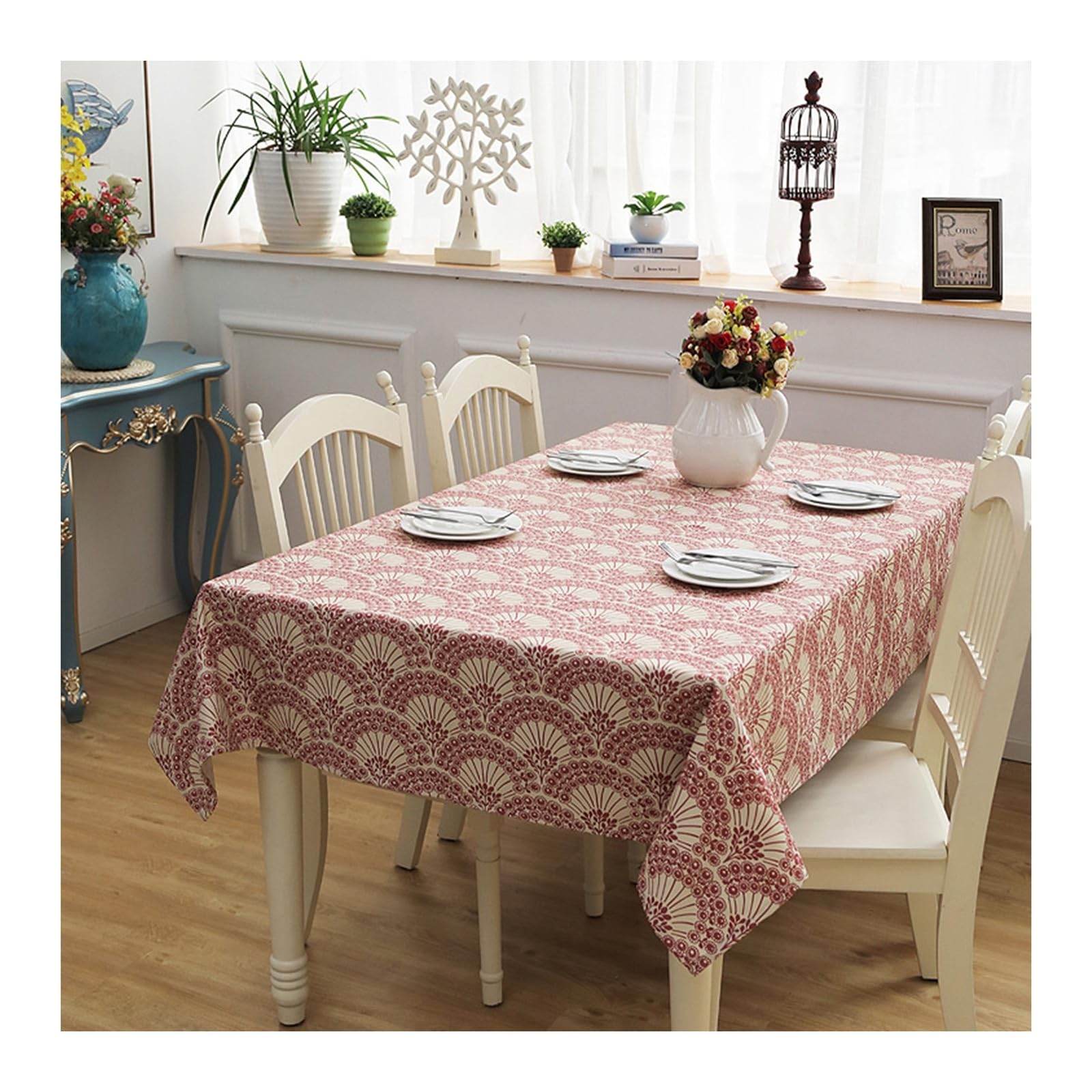 Nappe rose fleur imprimée en coton 140x160cm anti-tache pour protection de table