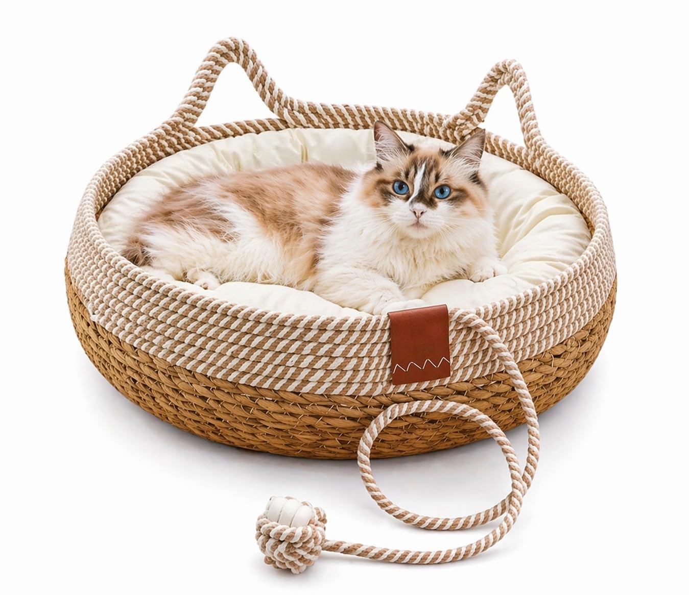 Katzenbett mit Kissen, 50cm Waschbar Katzenkorb Katzenbett Katzenhöhle Haustierbett mit Kissen und Spielball aus Sisal geflochten, zum Schlafen für Alle Katze