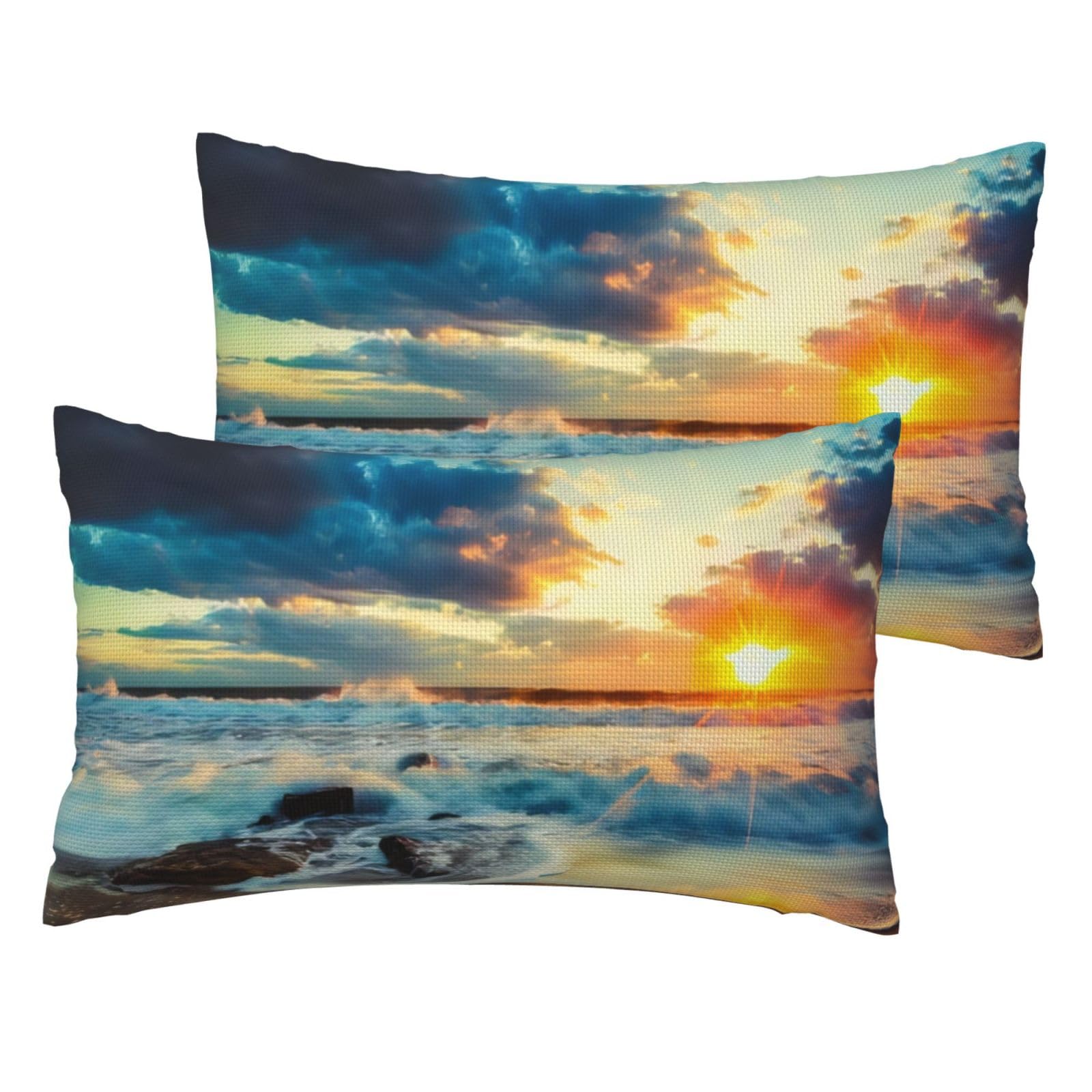 Lot de 2 taies d'oreiller imitation lin au design coucher de soleil plage finitions soignées