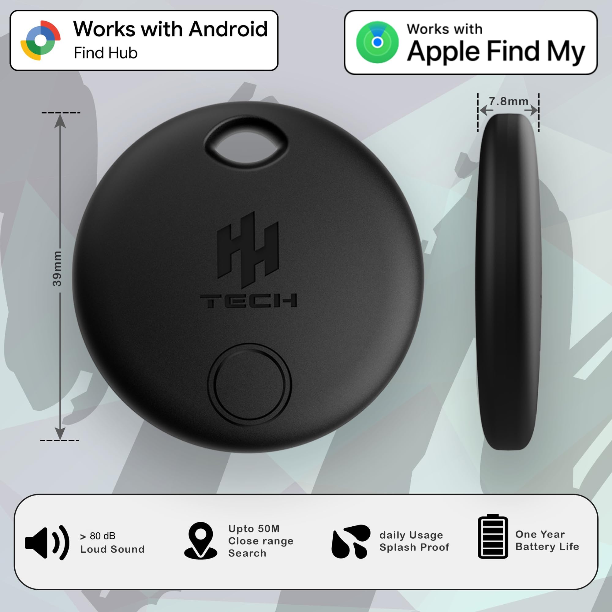 HH-Tech Smart Tracker Tag (confezione da 2) Dual Sytem per dispositivi Apple e Android, batteria sostituibile, traccia facilmente il tuo portafoglio, borsa, valigia e altro con l'app Apple Find My e