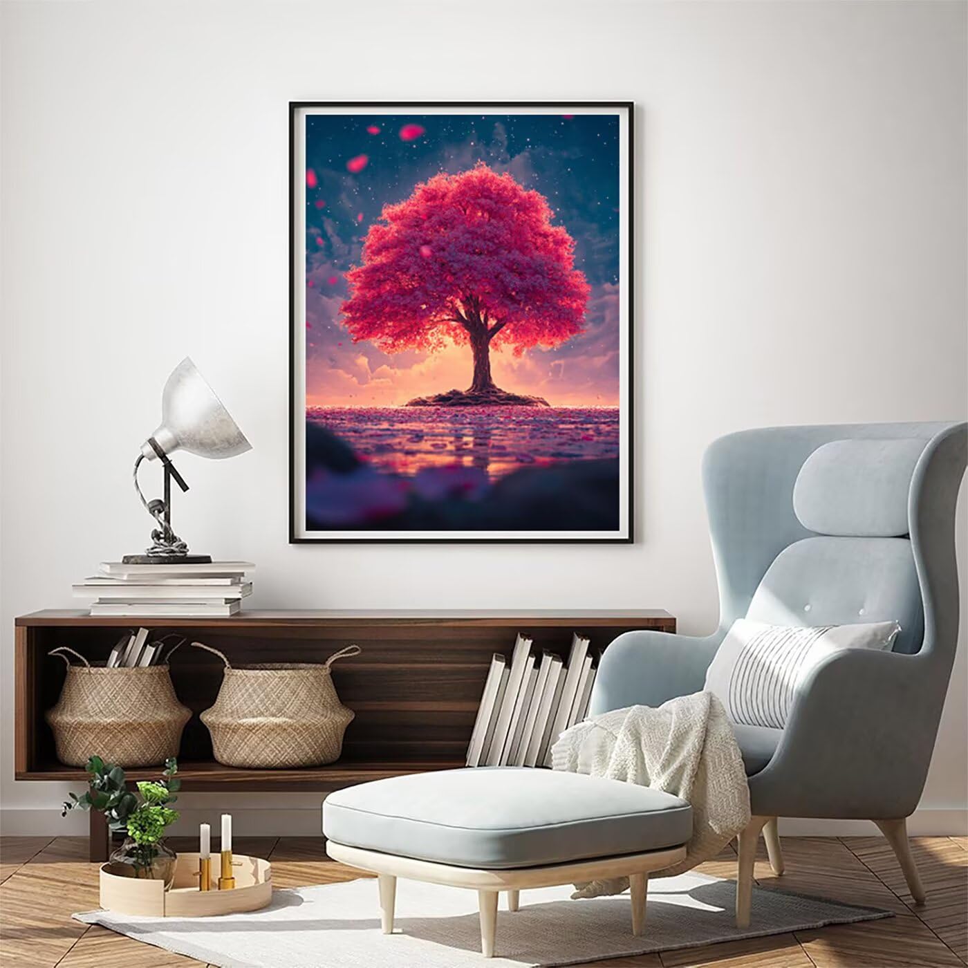 Landschaft Baum Malen Nach Zahlen Erwachsene, Paint by Numbers Adult Anfänger Set, Heimwerk Malen Nach Zahlen Kinder Mit Rahmen, 3 Pinsel und 36 Acrylfarbe Als für Deko Wohnzimmer 60 x 80 cm BJHDK610