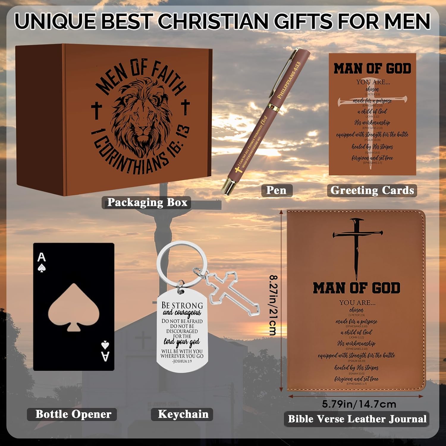 JTAMOHI 10 Pcs Christian Gifts for Men, Inspirational Religious Catholic Faith Spiritual Gift with 20 Oz Tumbler Hat Socks Bible Verses Leather Journal Pen Keychain for Dad, Husband, Grandpa, Friends