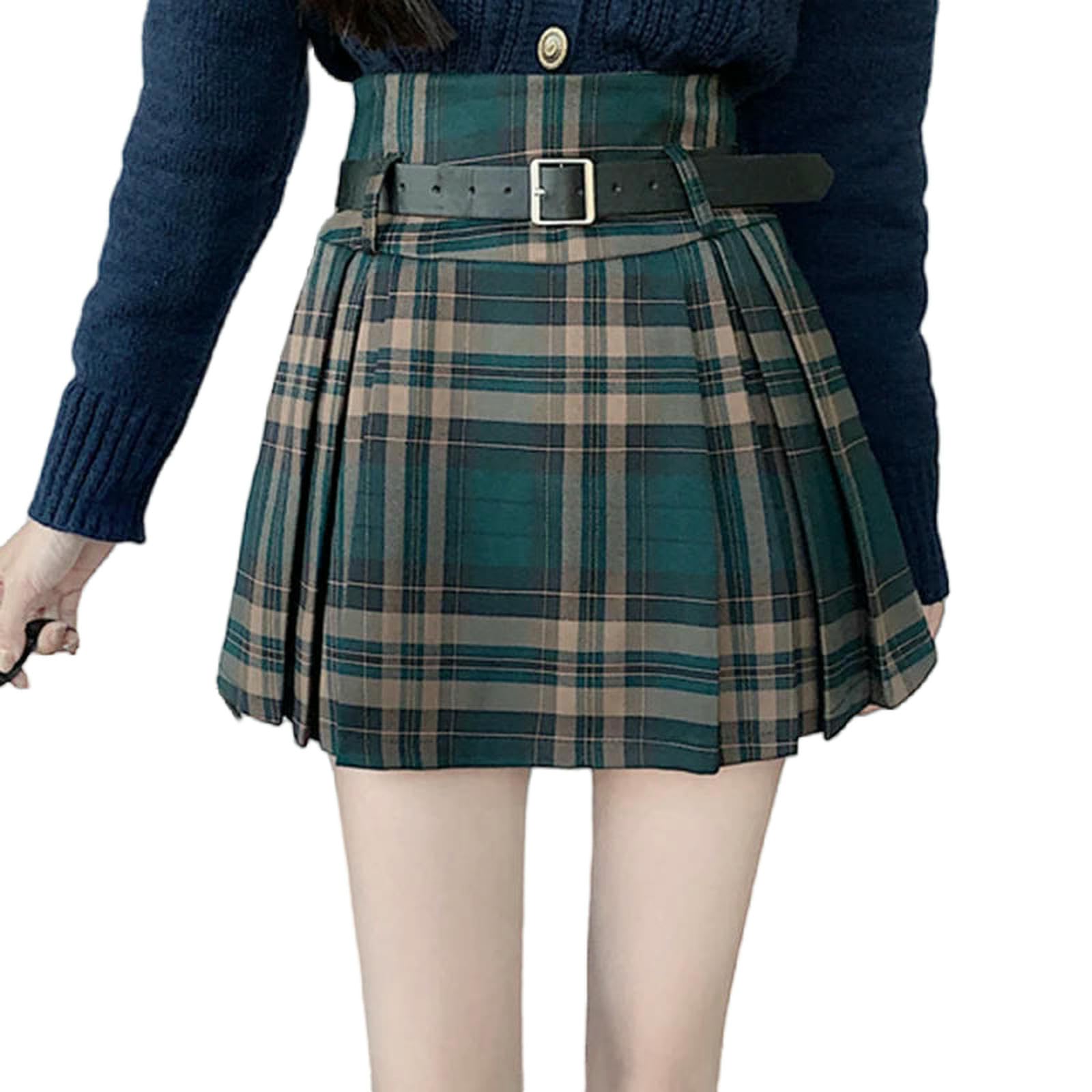 Gonna Lunga Scozzese con Cintura A Vita Alta Pieghe, Minigonna da Tennis per Donna, Stile Preppy, Abito Vintage Accademico-Verde-XL