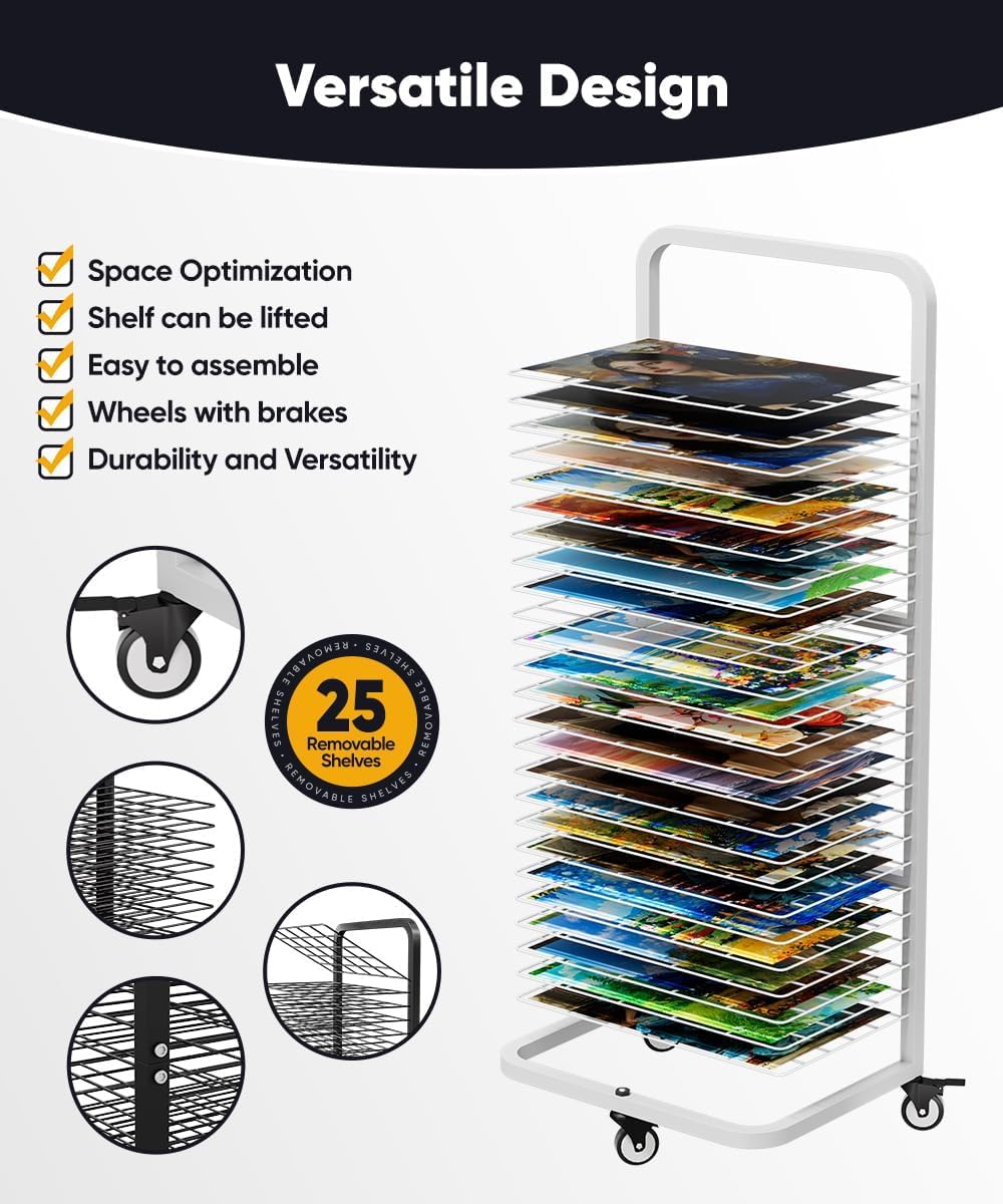 Garbuildman Étendoir à linge robuste pour peinture, support de séchage en métal avec 25 étagères amovibles, support de rangement mobile en toile avec roues verrouillables pour salles de classe