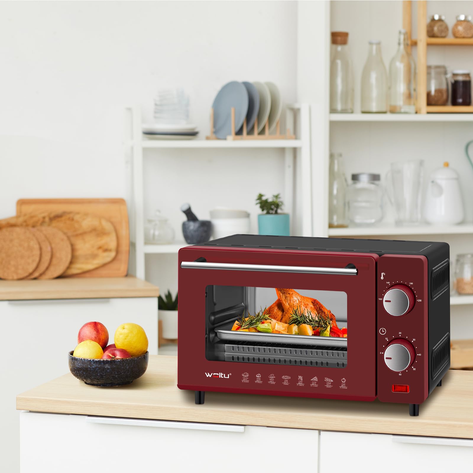 WOLTU Horno Electrico Pequeño10 L, 650 W, Control de Temperatura 100-230℃ y Temporizador 0-60 Minutos, con Bandeja y Rejilla, Rojo+Negro