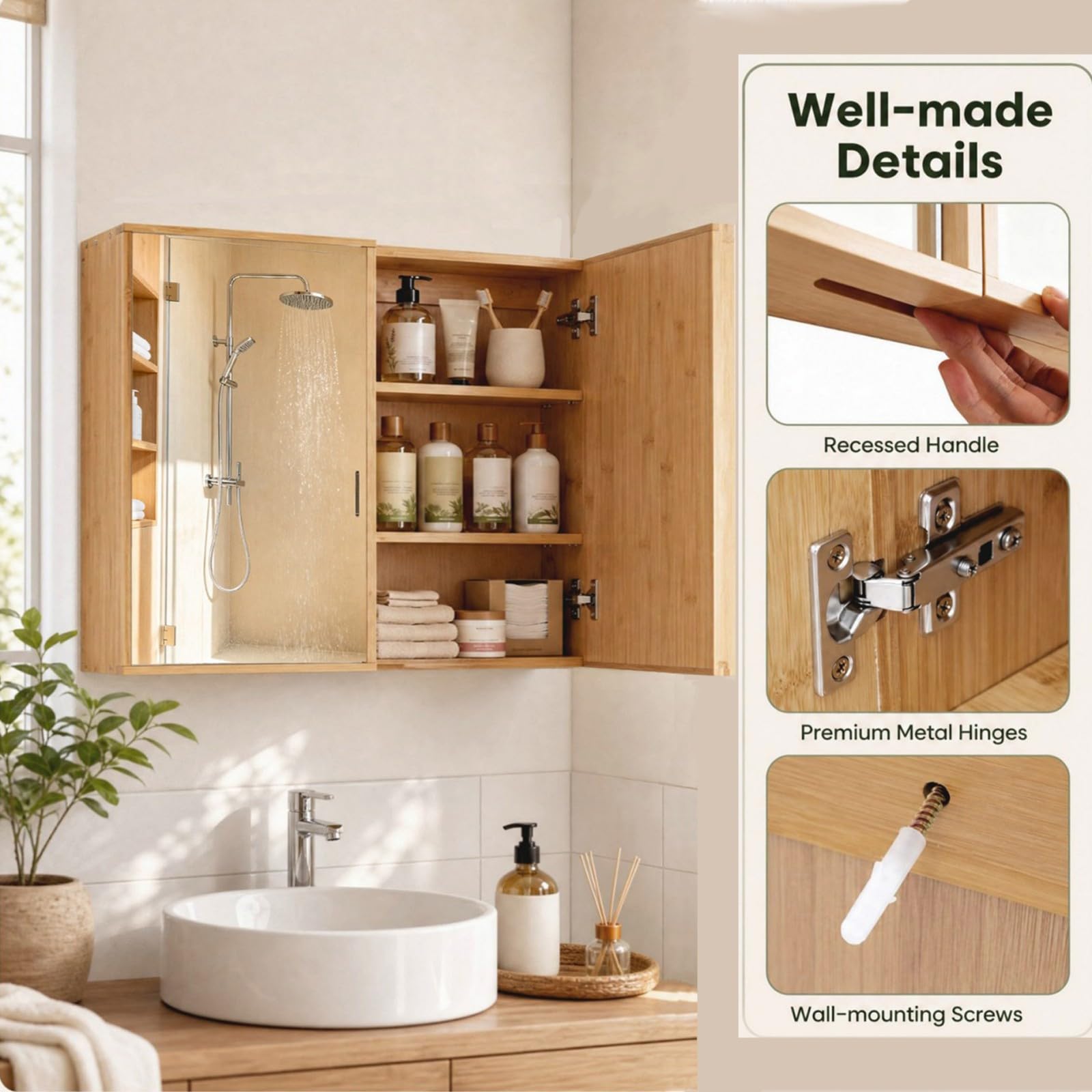 LIFEZEAL Mueble de Baño con Espejo y Estantes Ajustables | Gabinete Colgante de Pared, Puerta con Espejo, Ahorra Espacio, Ideal para Inodoro o Lavabo