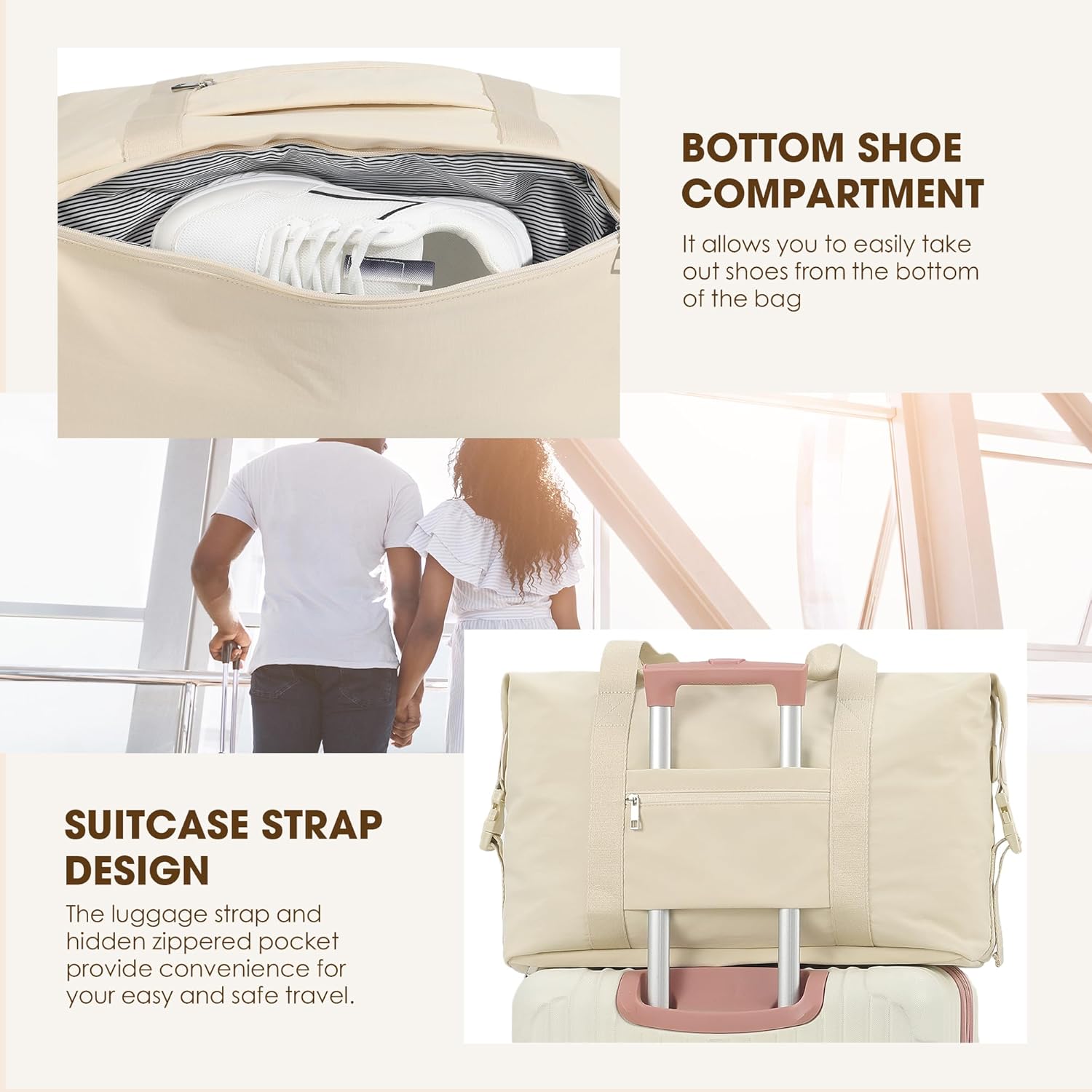 Oeihuivt Weekender Bags for Women - 21 Inch Large Travel Duffel Bag 2-Piece Set with Shoe Compartment, Heavy-Duty Canvas Leather Carry On Overnight Tote, Beige - Image 2