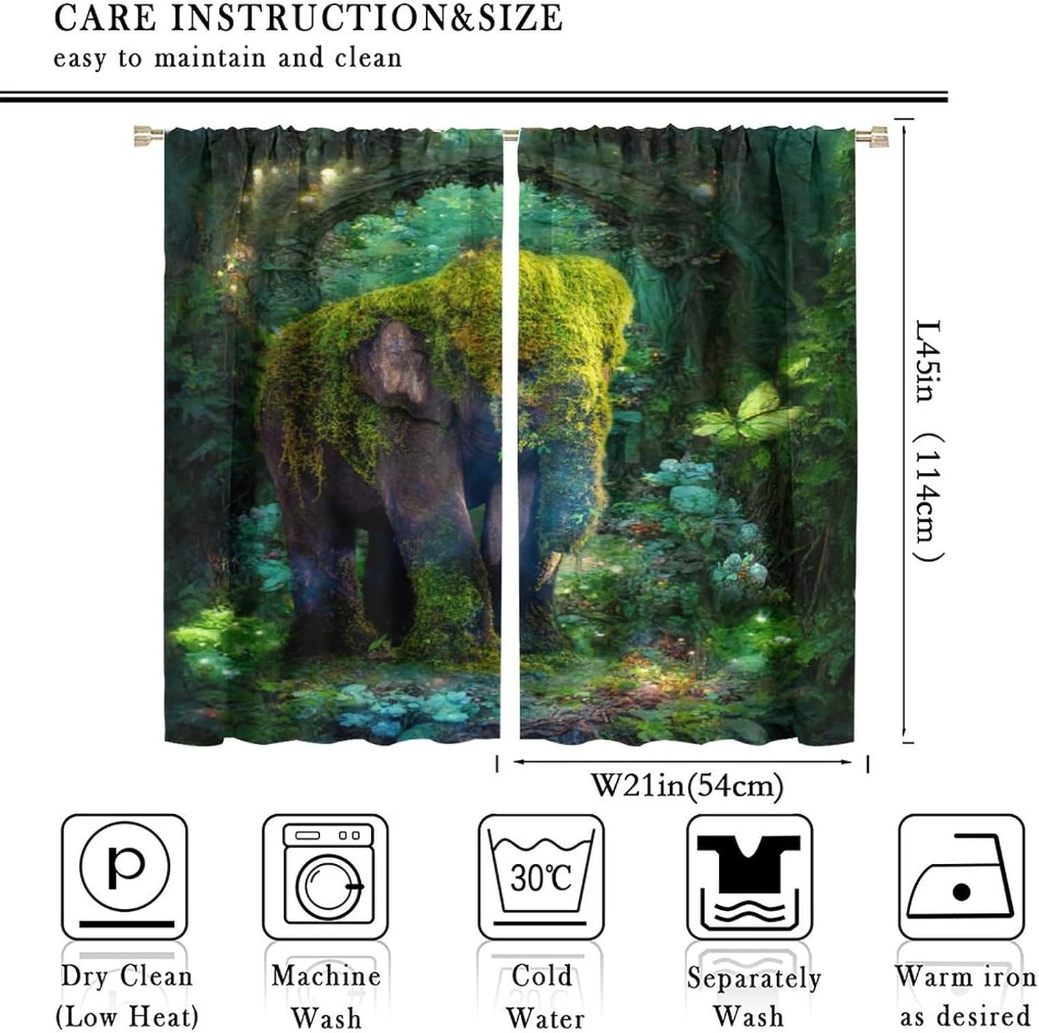 Funny Forest Wildlife Elephant Blackout Curtains for Bedroom, Fantasy Cartoon African Animal Elephant Tropical Plant Tree Green Leav Rod Pocket Thermal Insulated Curtains 2 Panels 45" L x 21" W