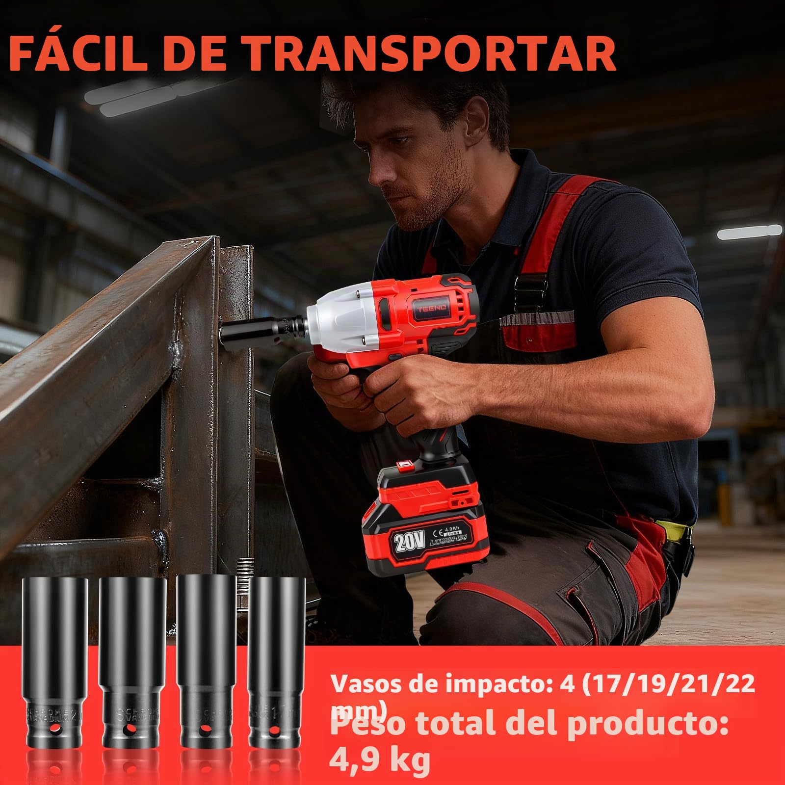 TEENO Llave de impacto, inalámbrica,1/2" Pistola de Impacto Bateria 600 Nm con batería de 1x4.0Ah, llave de impacto con 4 boquillas(17/19/21/22mm), giratoria para coche y uso