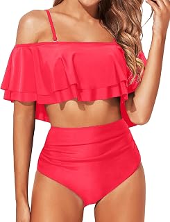 Women Two Piece High Waisted Bikini Set Swimsuit Off Shoulder Ruffle Bathing Suits Tummy Control Ruched Swimwear