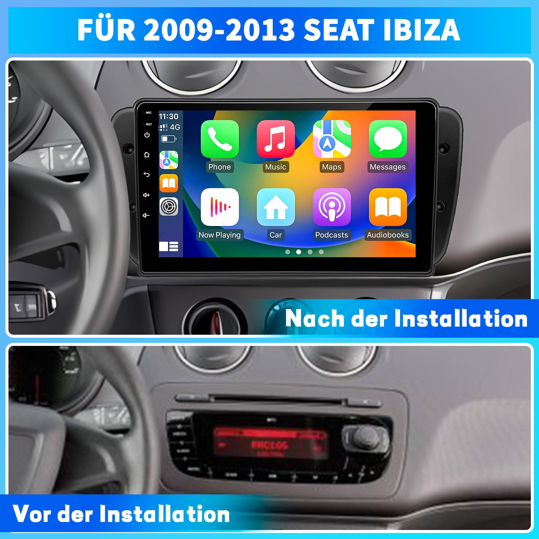 Autoradio für Seat Ibiza 6J 2009 2010 2011 2012 2013, Android 12 GPS FM 2+64G, 9 Zoll Touchscreen, Unterstützt Navigation Carplay Android Auto Bluetooth 5.0 WiFi Stimmenkontrolle Radio