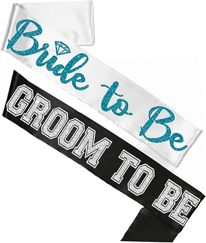 Miniatura 1 de Juego de 2 bandas para novios de novia, color turquesa brillante, banda de satén blanco y banda de satén deportiva plateada para novio a ser negro,