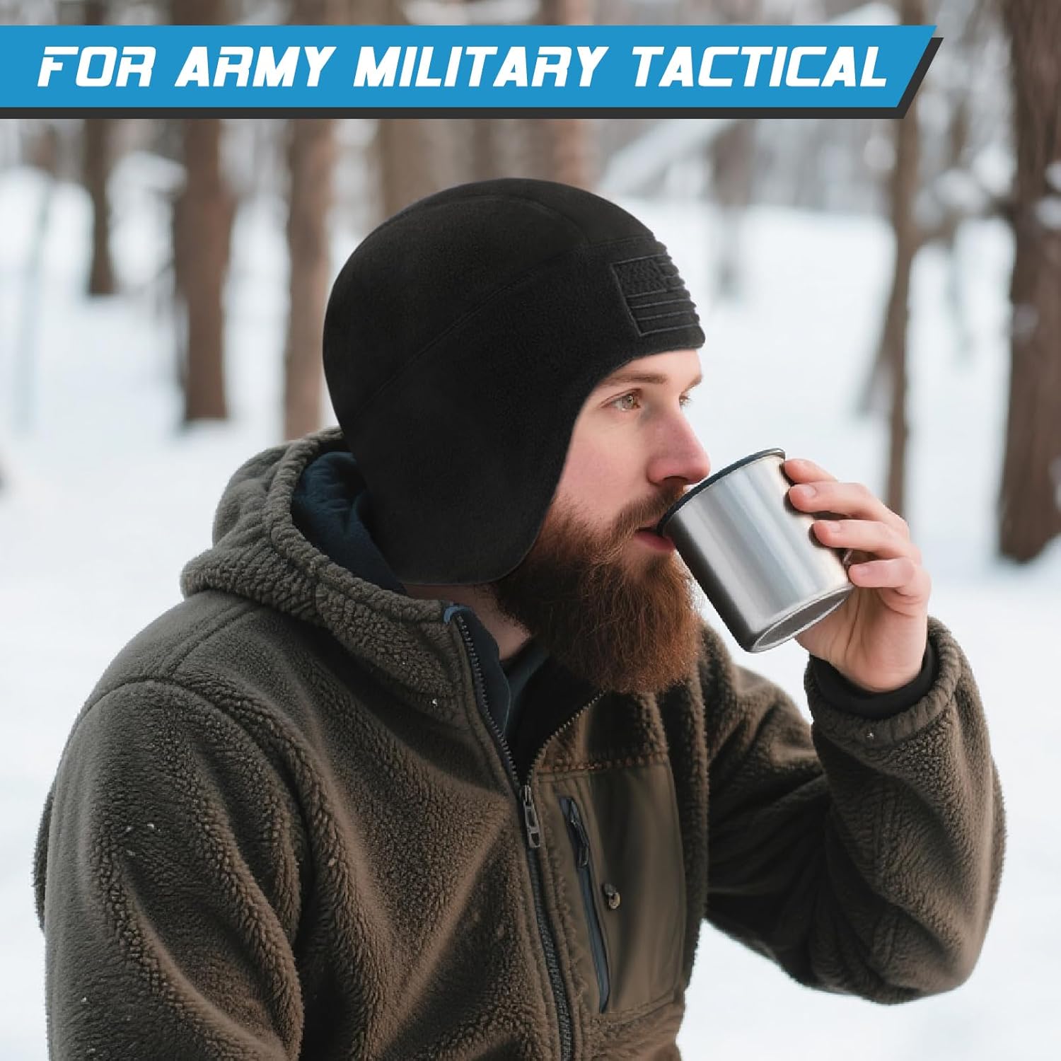 2 Pcs American Flag Beanie Windproof Earflap Military USA Fleece Cap Embroidered Army Winter Warm Hat for Men Women - Image 4