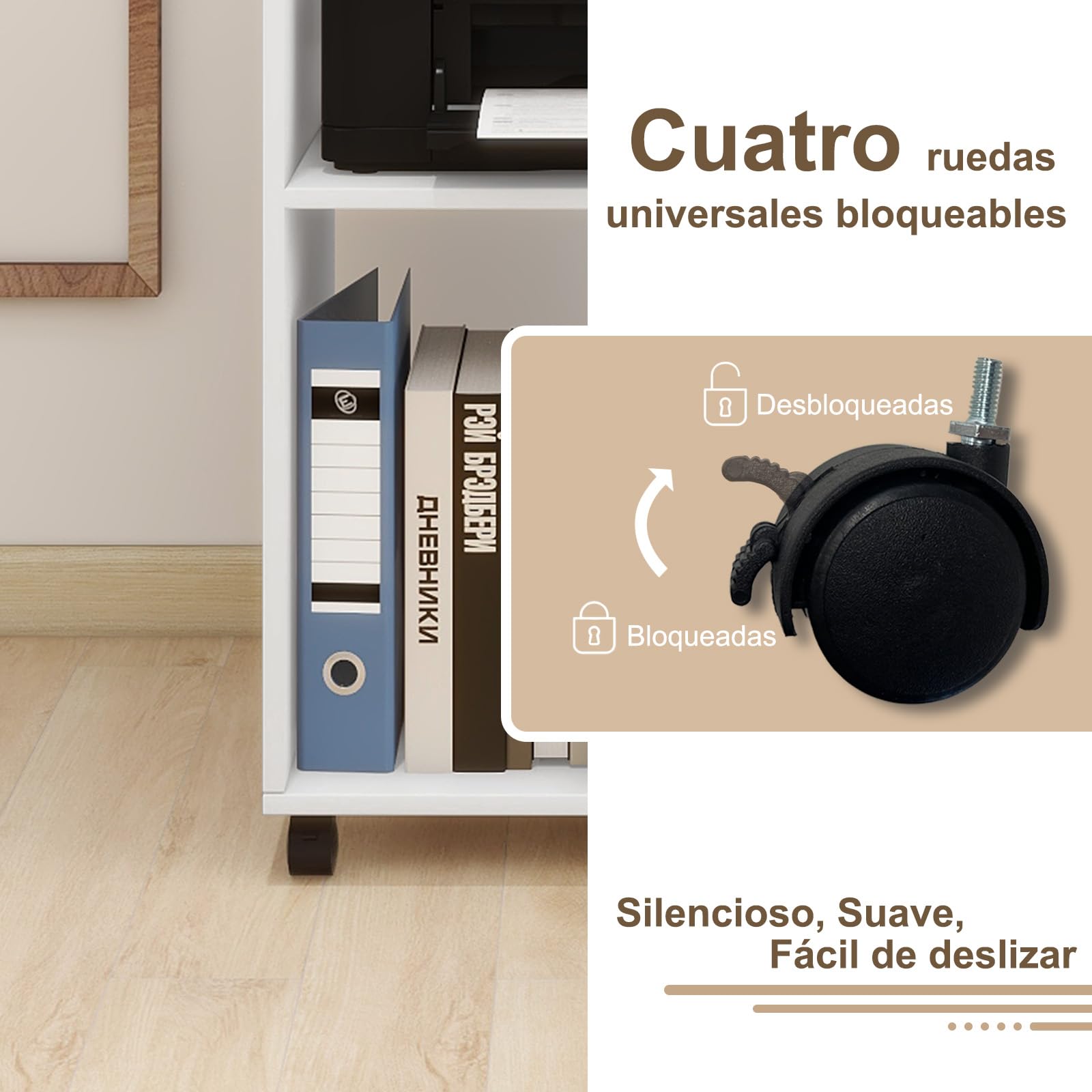 PUNCIA Mueble para Impresora con Ruedas Archivador Auxiliar Oficina de Madera con 4 Estantes Ajustables Mesa de Impresora Armario Móvil para Documentos DIN A4 Carro de Despacho Estudio Blanco