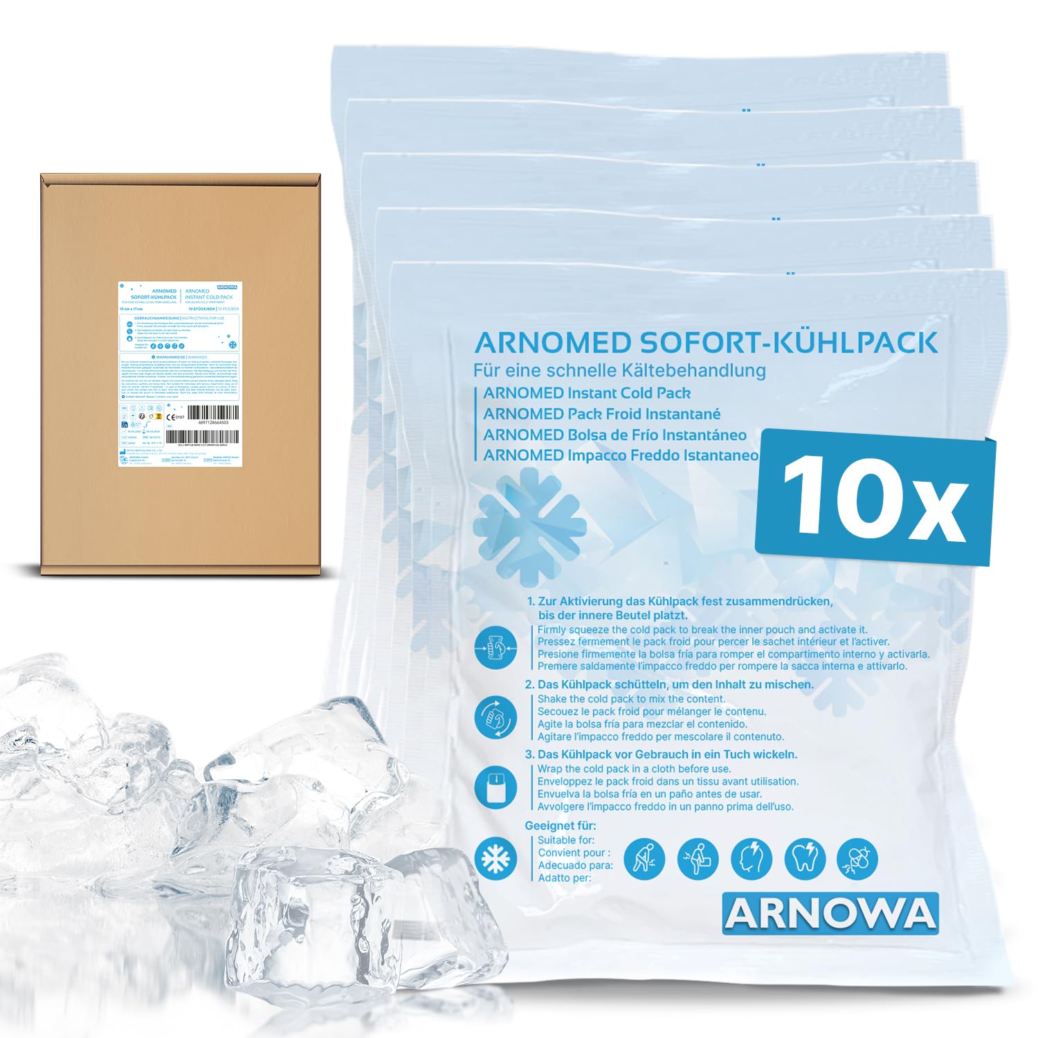 ARNOMED® Einweg Sofort Kühlpads, Direkt Kühlpack zum Knicken, Instant Cold Packs für Schwellungen & Verletzungen, Einweg Kältekompressen für Sport & Erste Hilfe, Coolpack