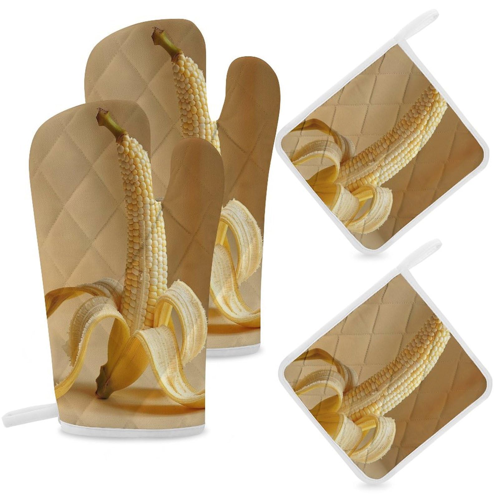 Oven Mitts And Pot Holders Sets of 4 Heat Heat Resistant Oven Gloves Non-Slip Kitchen Mittens Bananas from Corn Ears Oven Mitts Hot Pads BBQ Gloves Potholders for Cooking Baking Grilling