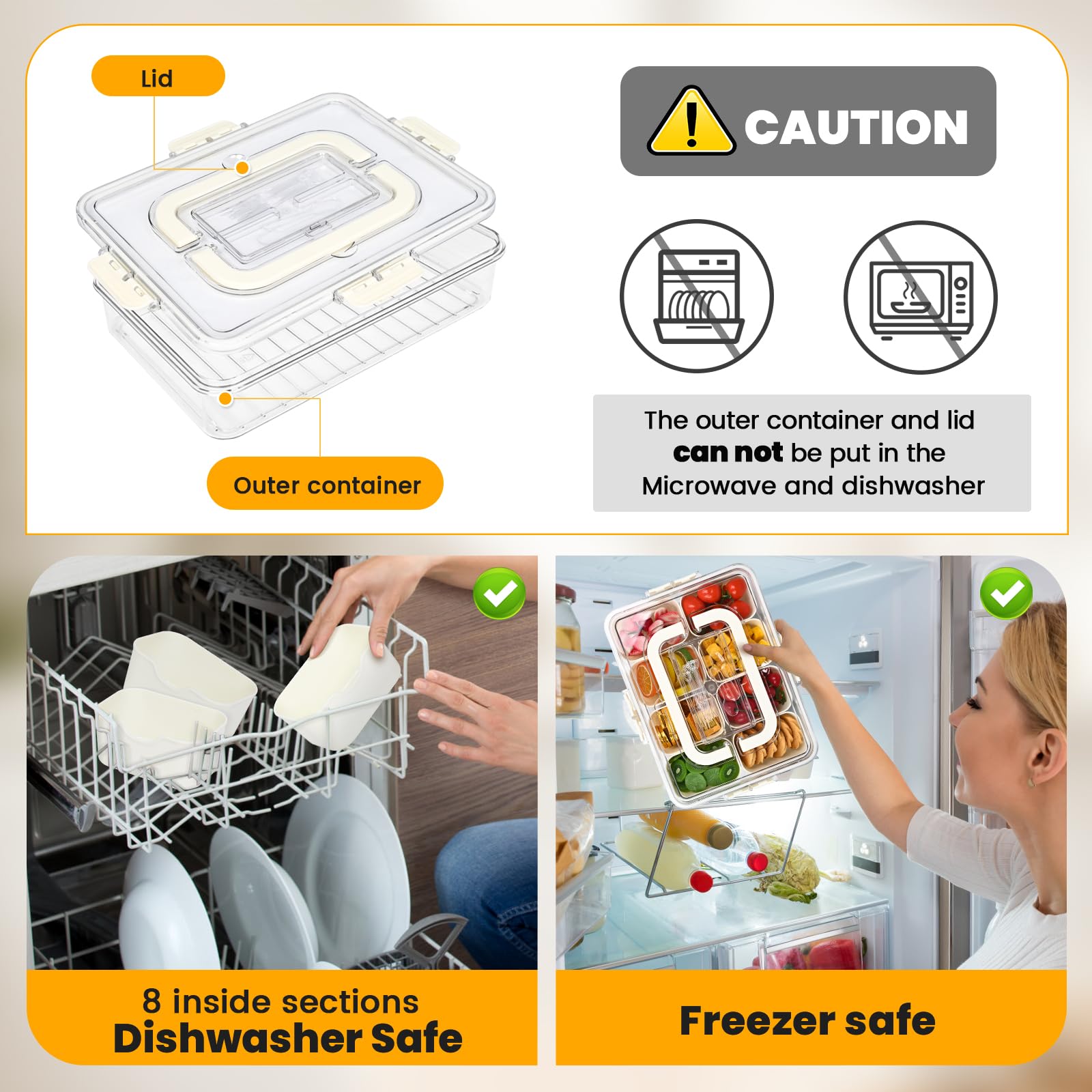 Linn'sCollection Recipiente para aperitivos con almacenamiento de cubiertos, bandeja de frutas, bandeja dividida con tapa y asa, contenedor portátil para aperitivos, contenedor de aperitivos de 8