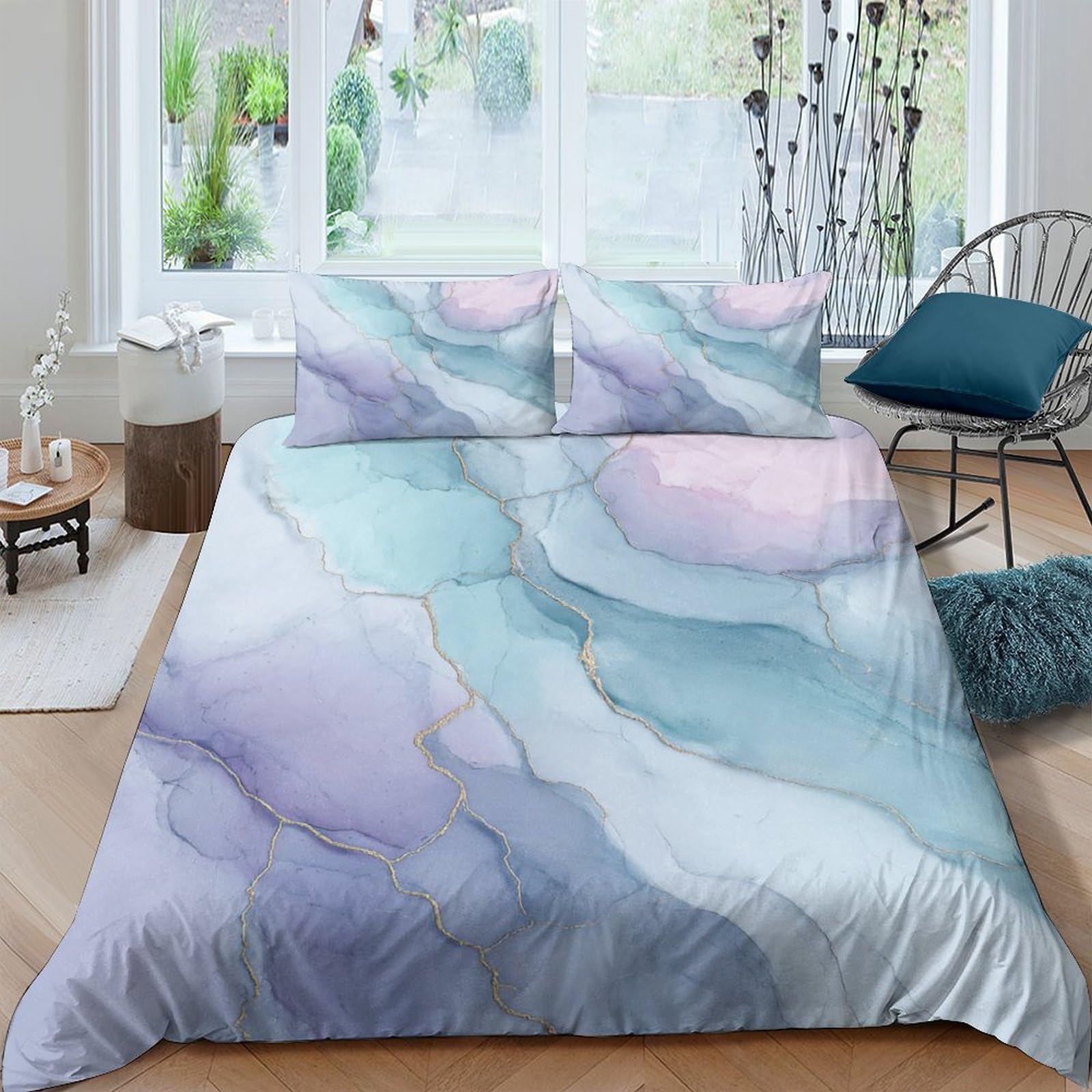 Ctjqhvkz Style-10 3D Printed Pastel Marble Fitted Sheet Microfiber Soft Bedroom Blue Pink Swirl Mattress Cover Decor Single（135X200cm）