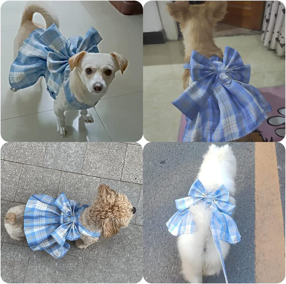 Image of KUTKUT Polyester Plaid Dog Dress Bow Tie Harness Leash Set Harness Dress For Small Dogs Cute Dog Pet Girl Puppy Summer Clothes For Female Dogs (Size: Xl,Adjustable Bust: 50Cm,1 Count)