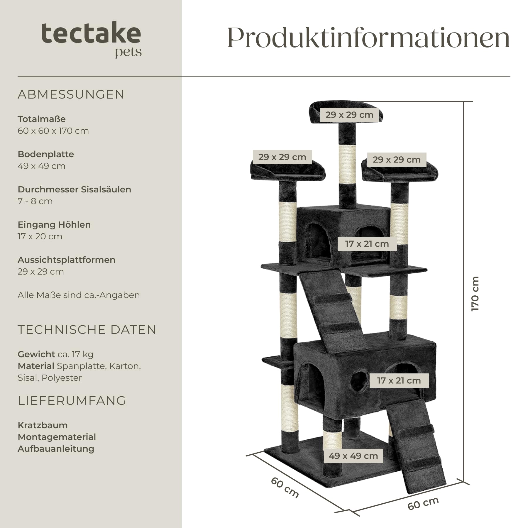 tectake® Katzen Kratzbaum Katzenbaum mittelhoch -Diverse Farben- (Schwarz)