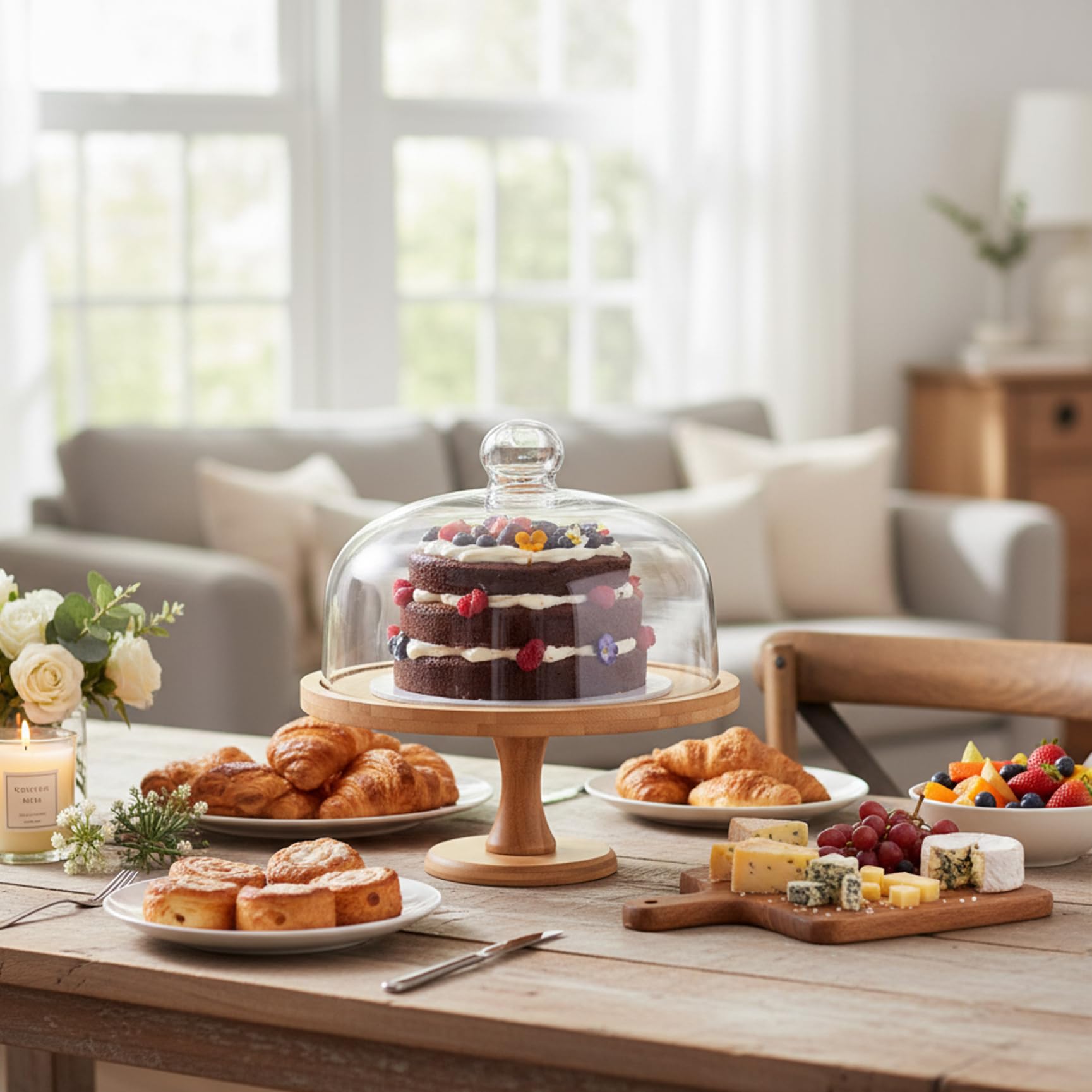 Soporte para Tartas con Tapa abovedada, Soporte de Madera de 30 cm con Cubierta de Cristal para Bodas y Fiestas, Resistente de Varios Pisos con Patas Altas para postres y Magdalenas