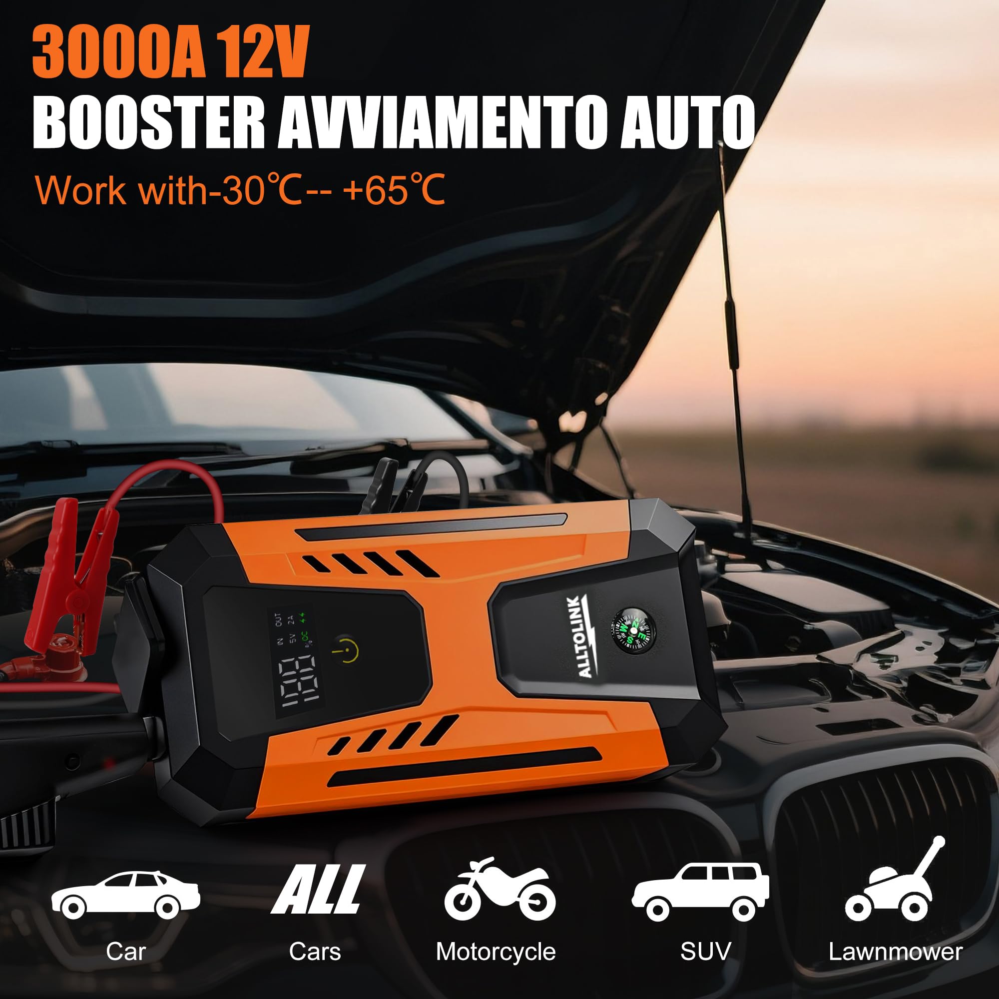 Booster Avviamento Auto 3000A 26640mWh,Ricarica Rapida 20W,12V Avviatore Batteria Auto Portatile (per Gas or Diesel), Starter Batteria con Schermo e Torcia LED a 4 Modalità