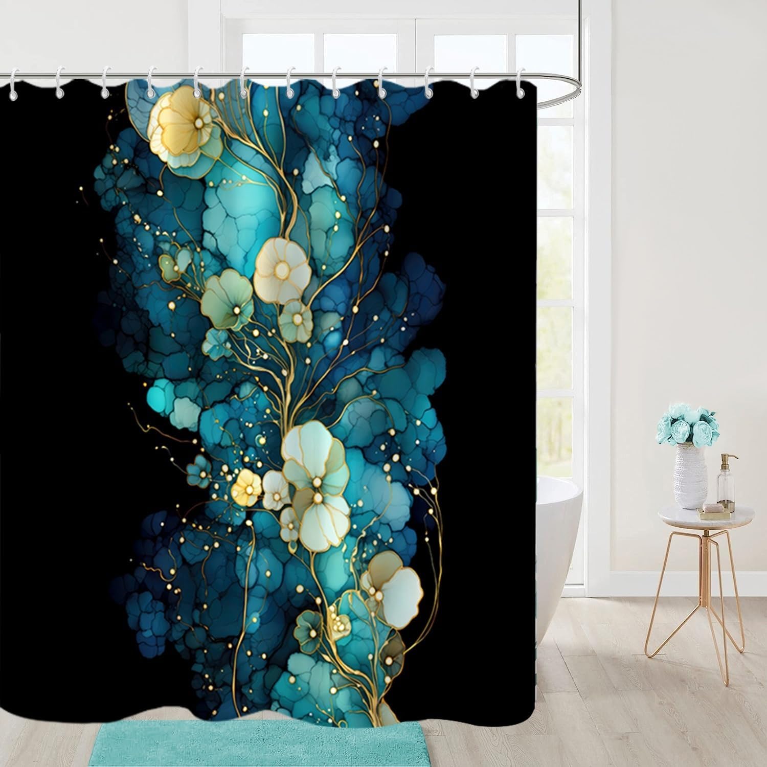 Blue Black Shower Curtain for Bathroom Retro Flowers Shower Curtain Set with Hooks Abstract Marble Bathtub Decor Waterproof Fabric Curtains 72x78inches
