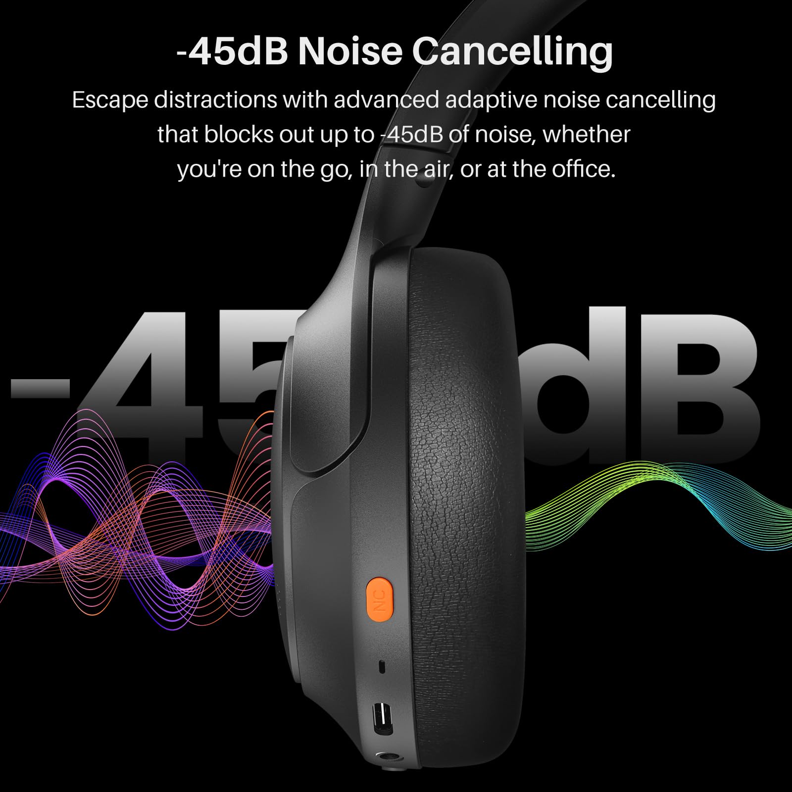 TOZO HT3 Hybrid Noise Cancelling Wireless Headphones, 90H Over Ear Headset view 4