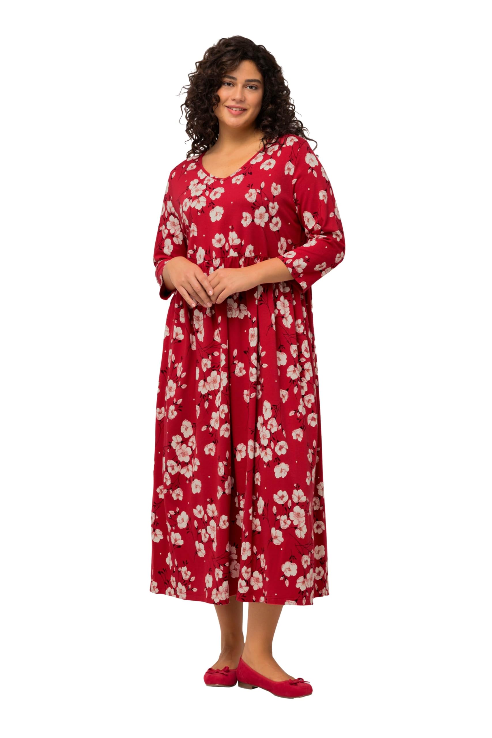 Ulla Popken Damen große Größen Übergrößen Plus Size Jerseykleid, Blumen, A-Linie, V-Ausschnitt, 3/4-Arm 825315
