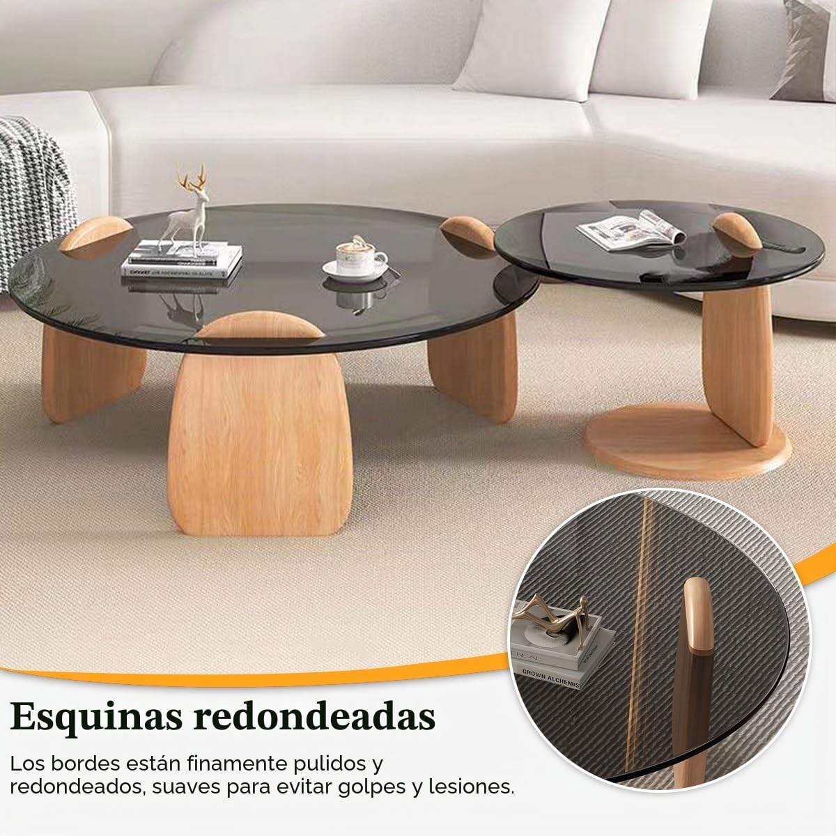 Mesa de Centro Redonda Cristal, Mesa Nido Juego de 2, Patas de Madera Maciza, Vidrio Templado para Salón Dormitorio Oficina-Fácil Montaje(Brown-B,80+50cm/31+20in)