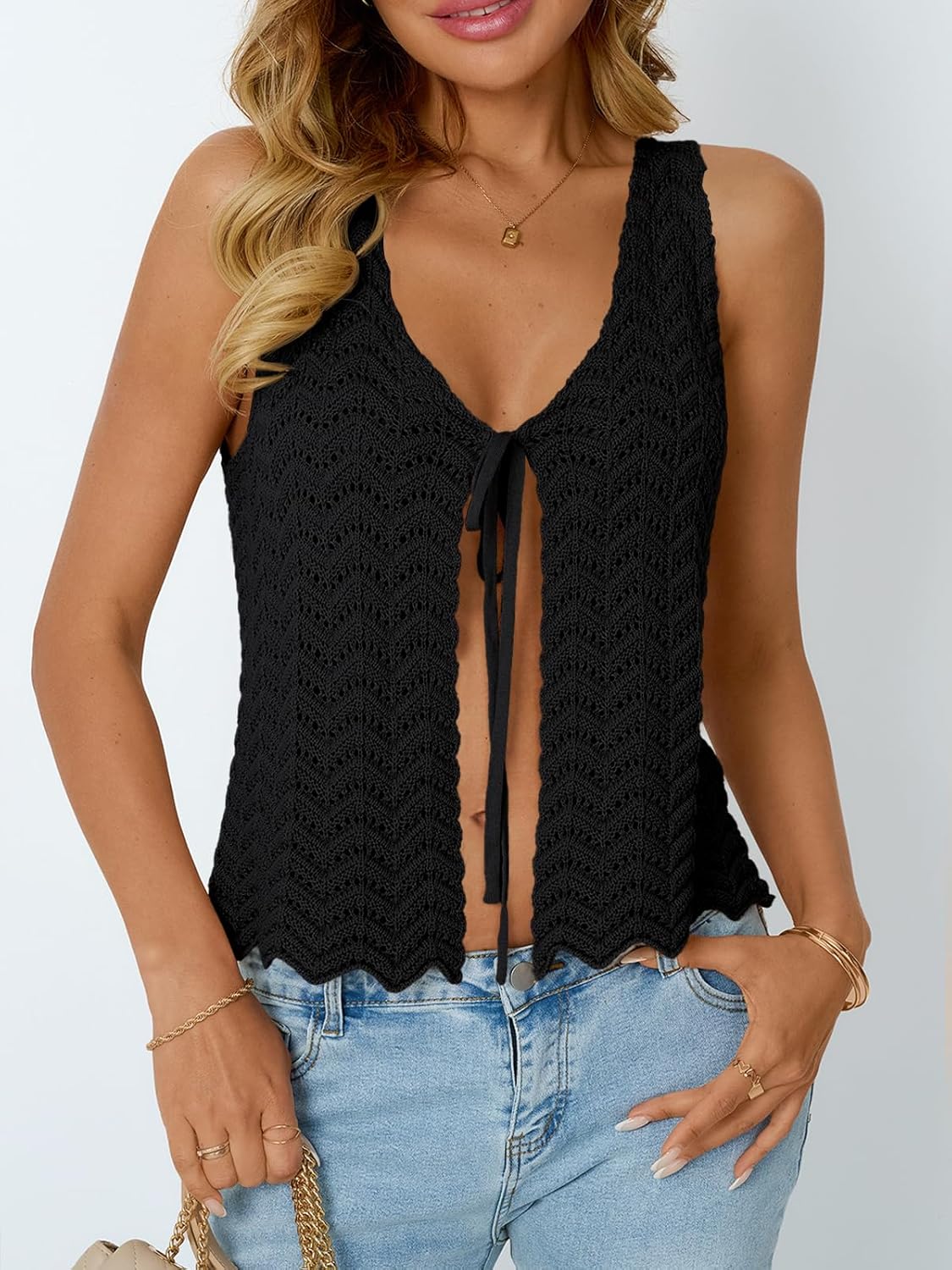 LILLUSORY Crochet Tops for Women Summer Vacation Outfits Beach Coverup Going Out Tie Front Spring Sweater Vest 2026 Fashion - Image 2