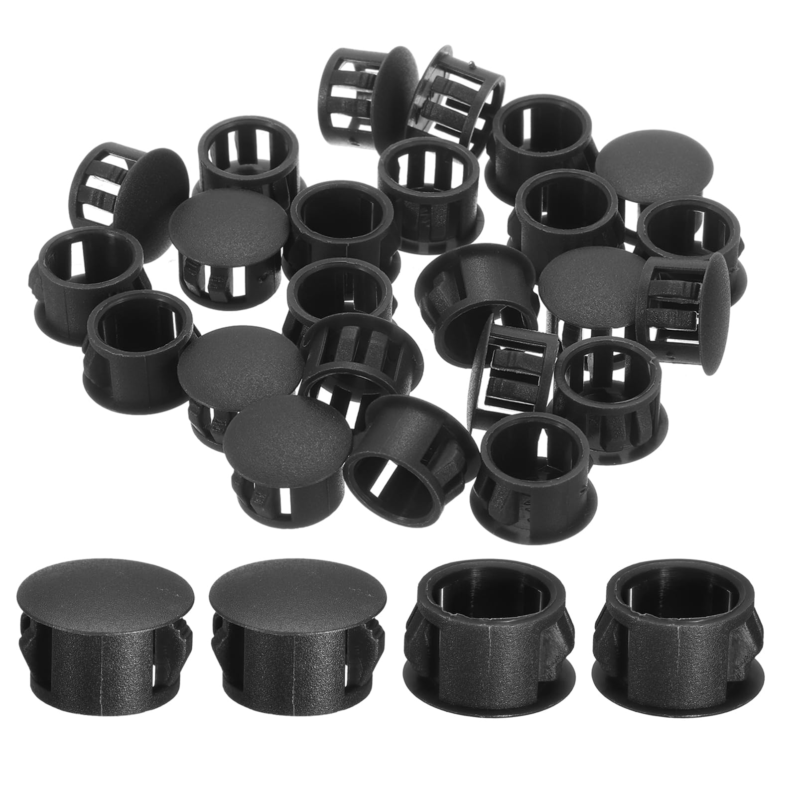 uxcell 38Pcs 5mm(3/16") Nylon Hole Plugs, Flush Type Panel Round Snap in Fastener Knockout Locking Plugs for Furniture Insert End Caps Panels, Black