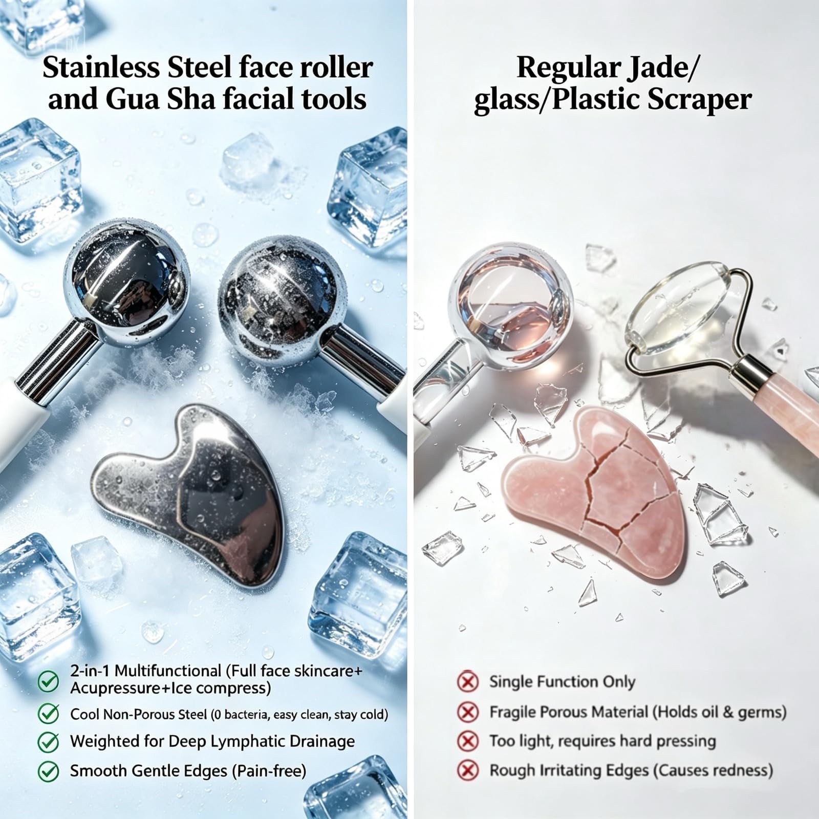Ice Roller for Face & Eyes, Stainless Steel Ice Globes with Gua Sha Set, 3-Piece Facial Kit for Puffiness, Depuffing and Lymphatic Drainage, Cryo Facial Massage Tools, Neck & Jawline, Home Spa Gift