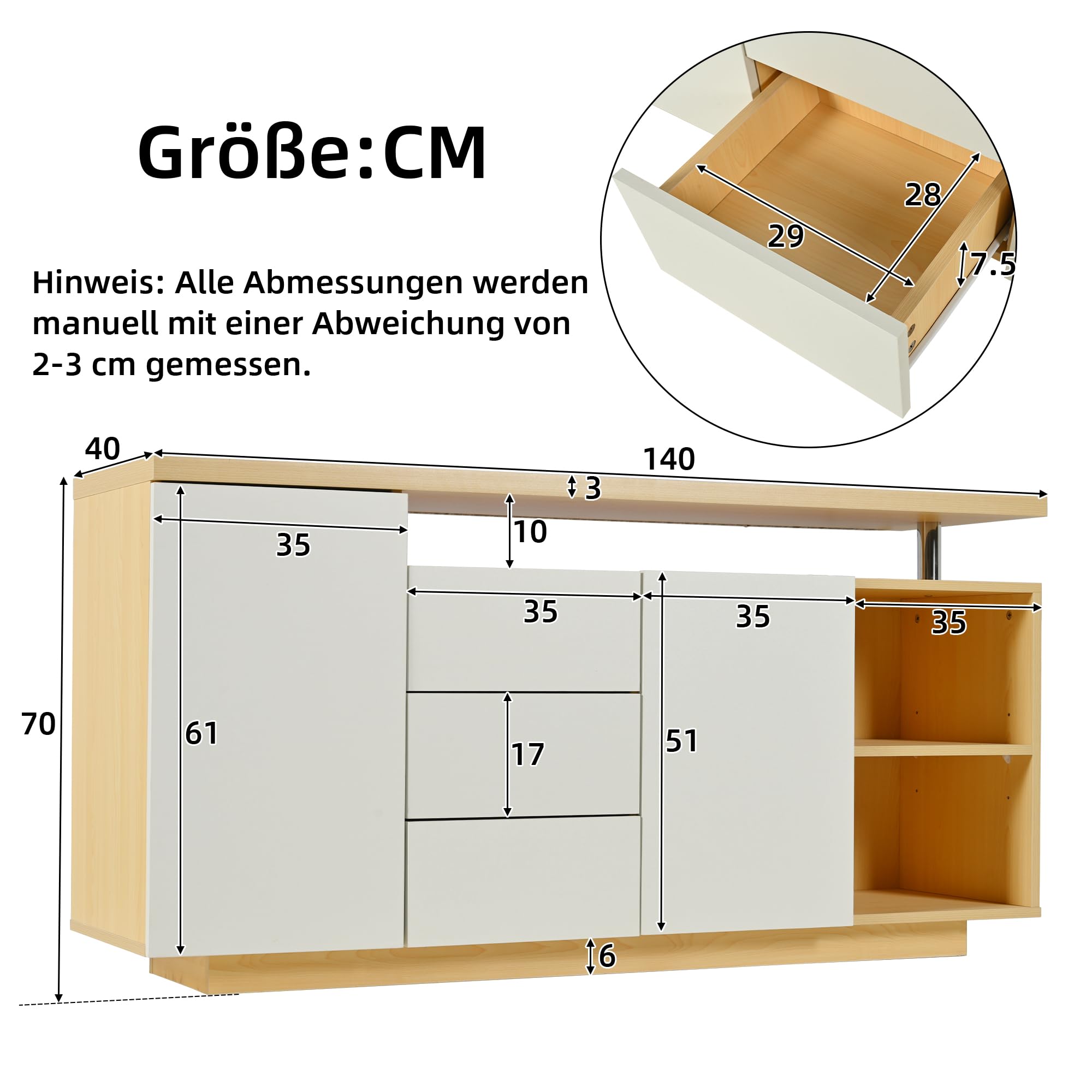 Kebnor Multifunktionales Sideboard, Länge 140 cm, weiß und Holzimitat - 2 Türen, 3 Schubladen, 2 offene Fächer, mit LED-Beleuchtung