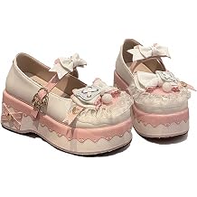 Women Lolita Mary Jane Leather Shoes Goth Round Toe Chunky Platform Heel Lace Knot-Bow Colorful Punk Rock Sweet Kawaii with JK Bubble Princess Dress Demin Skirt Jeans
