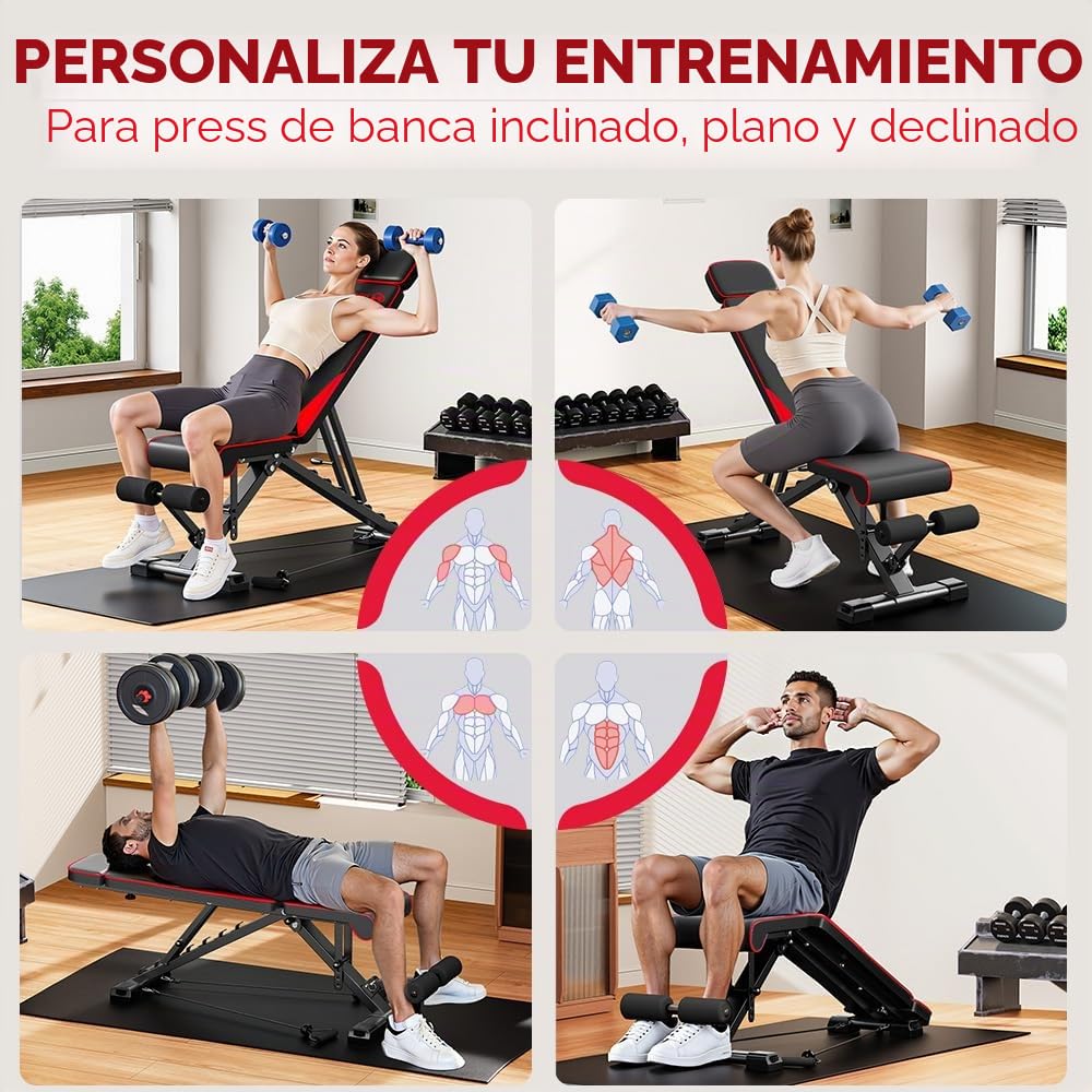 Banco de peso ajustable plegable con bandas de resistencia, capacidad de 300KG/660lbs, respaldo de 8 posiciones y marco de acero de aleación de plegado rápido para gimnasio en casa
