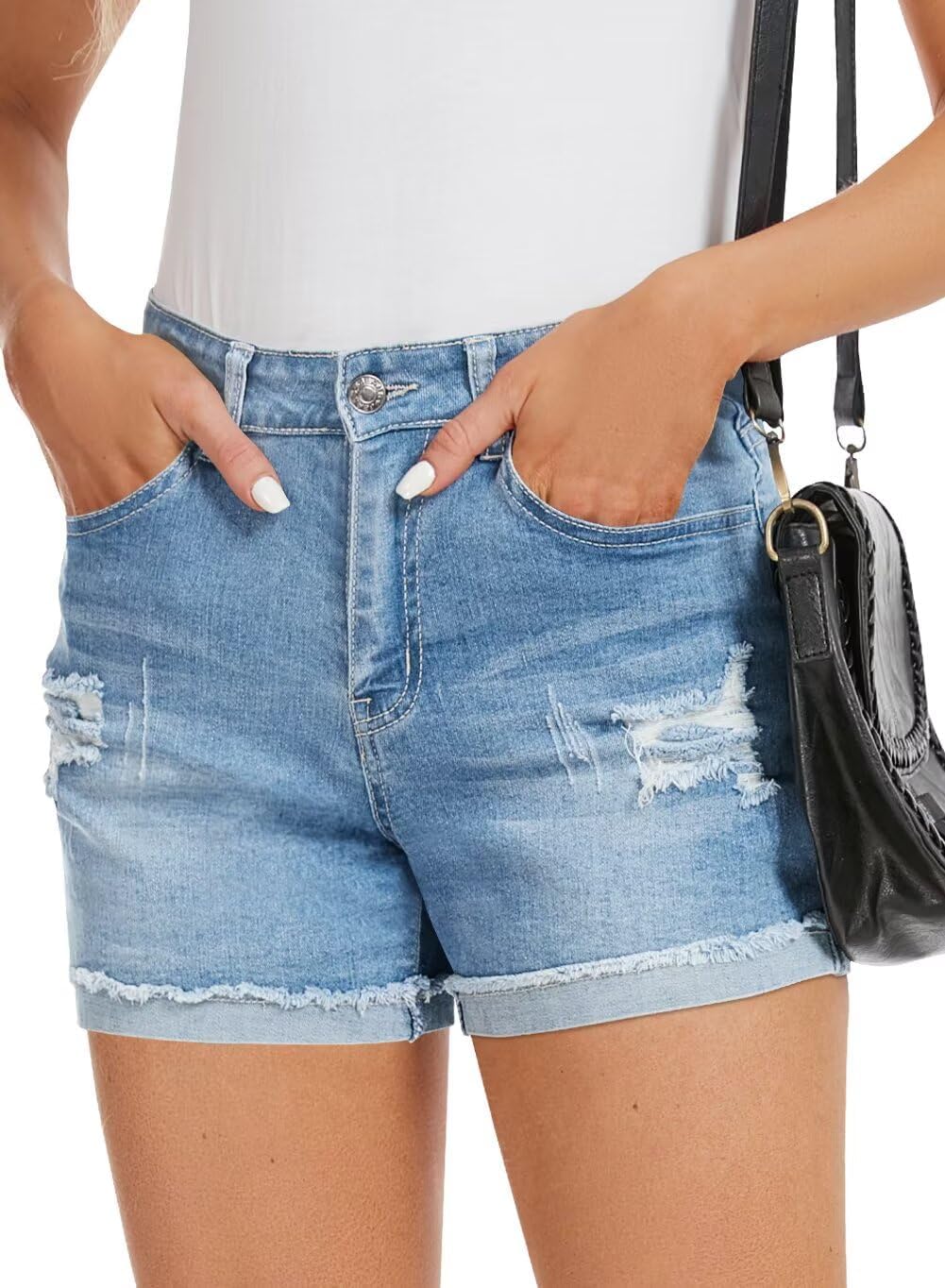 FEKOAFE 2026 Womens Casual Mid/High Waisted Denim Shorts Summer Stretchy Ripped Jean Shorts for Women - Image 4