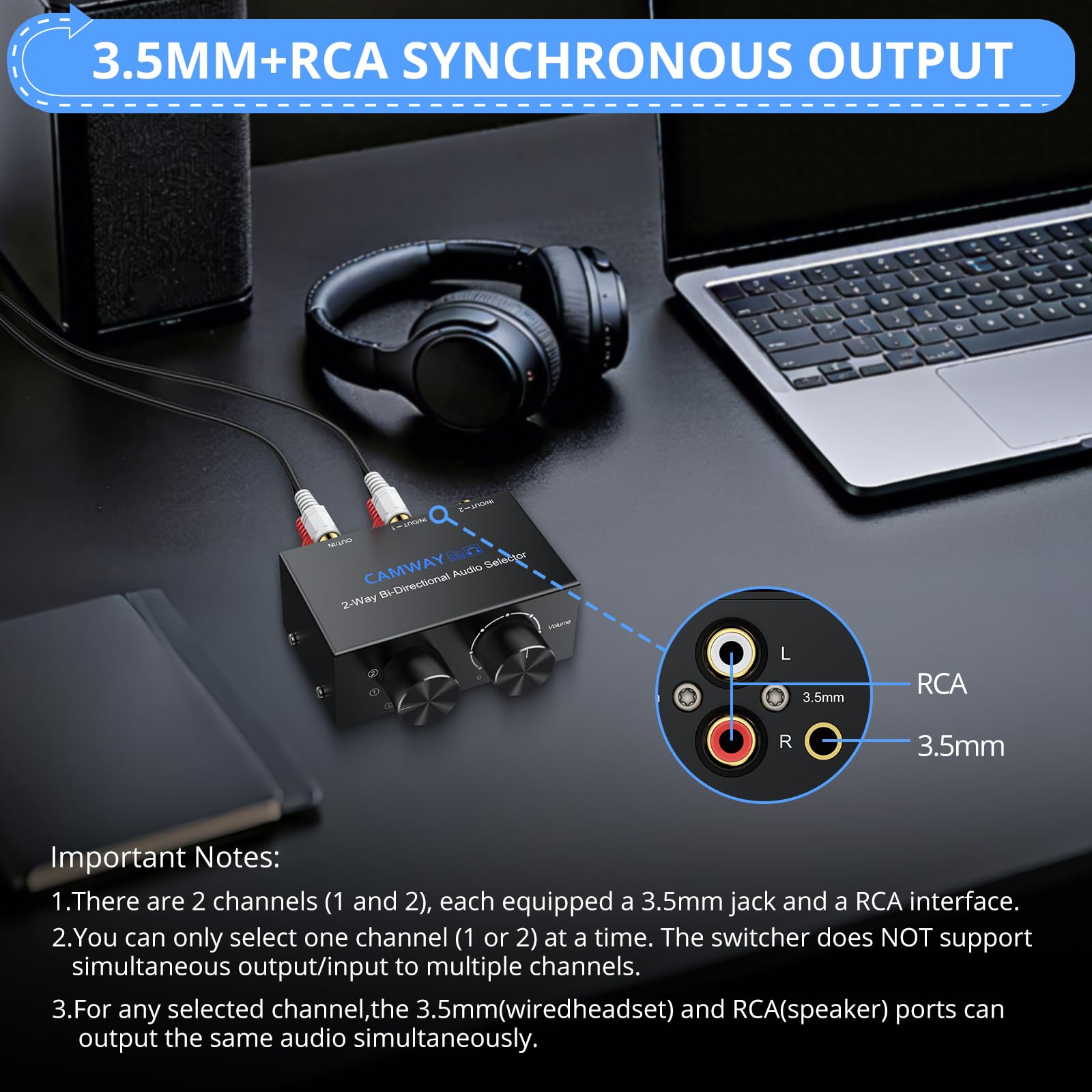 CAMWAY RCA L/R i pomocniczy przełącznik audio 3,5 mm, wyjście 2 w 1, 1 w 2 wyjściach, dwukierunkowy przełącznik audio stereo z regulacją głośności i pokrętłem wyłączania