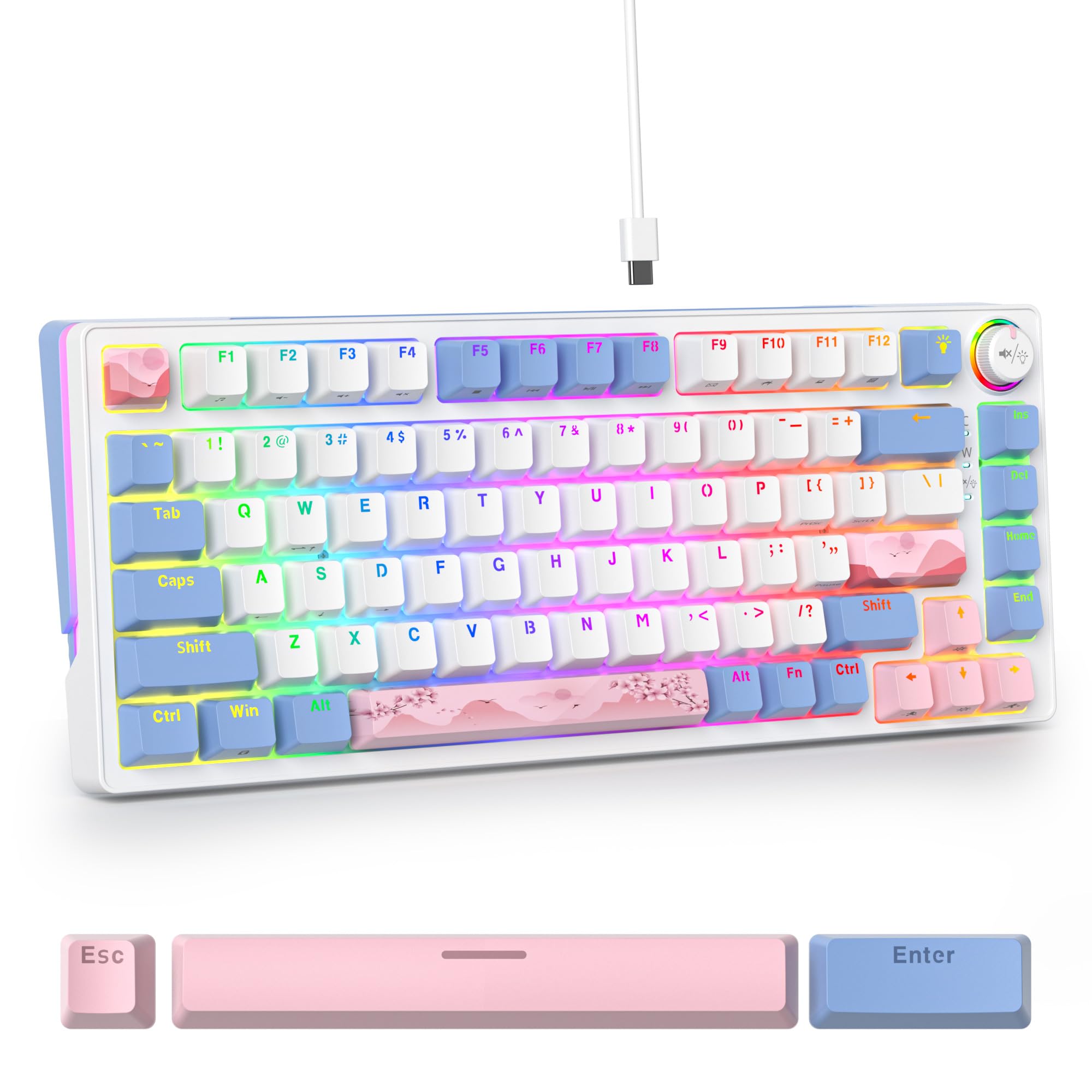 Guffercty kred 75% Percent Gaming Keyboard Hot-Swappable with Side Light Strip, 82 Keys Wired Mechanical Keyboard with Knob Arrow Keys RGB Backlight for Win/Mac (82 Pink)