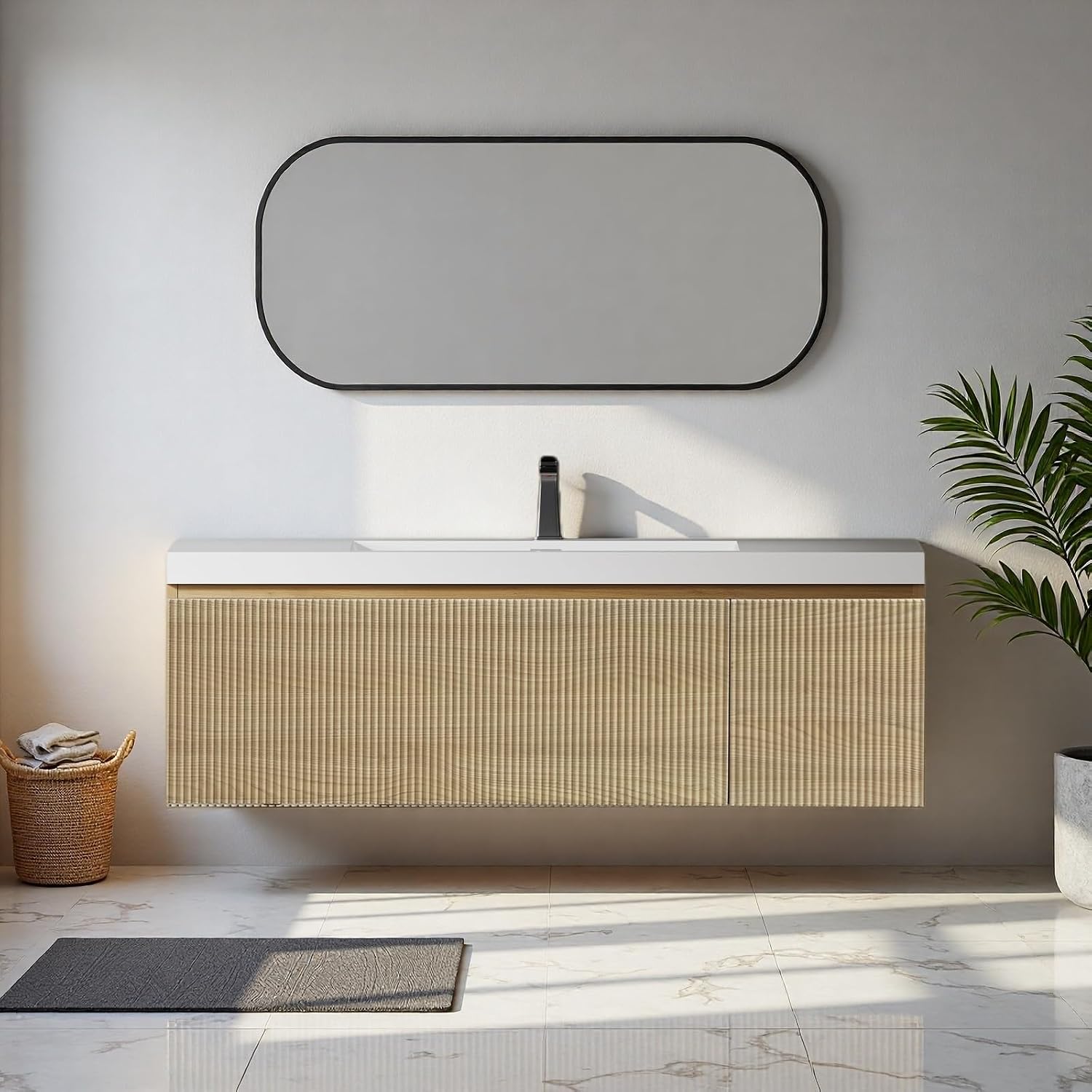 48'' Floating Bathroom Vanity with Sink, Wall-Mounted Bathroom Storage Cabinet with Soft-Close Striped Drawer, Cabinet Door & Solid Surface Basin, Natural Oak Body with Internal Handle, Wood