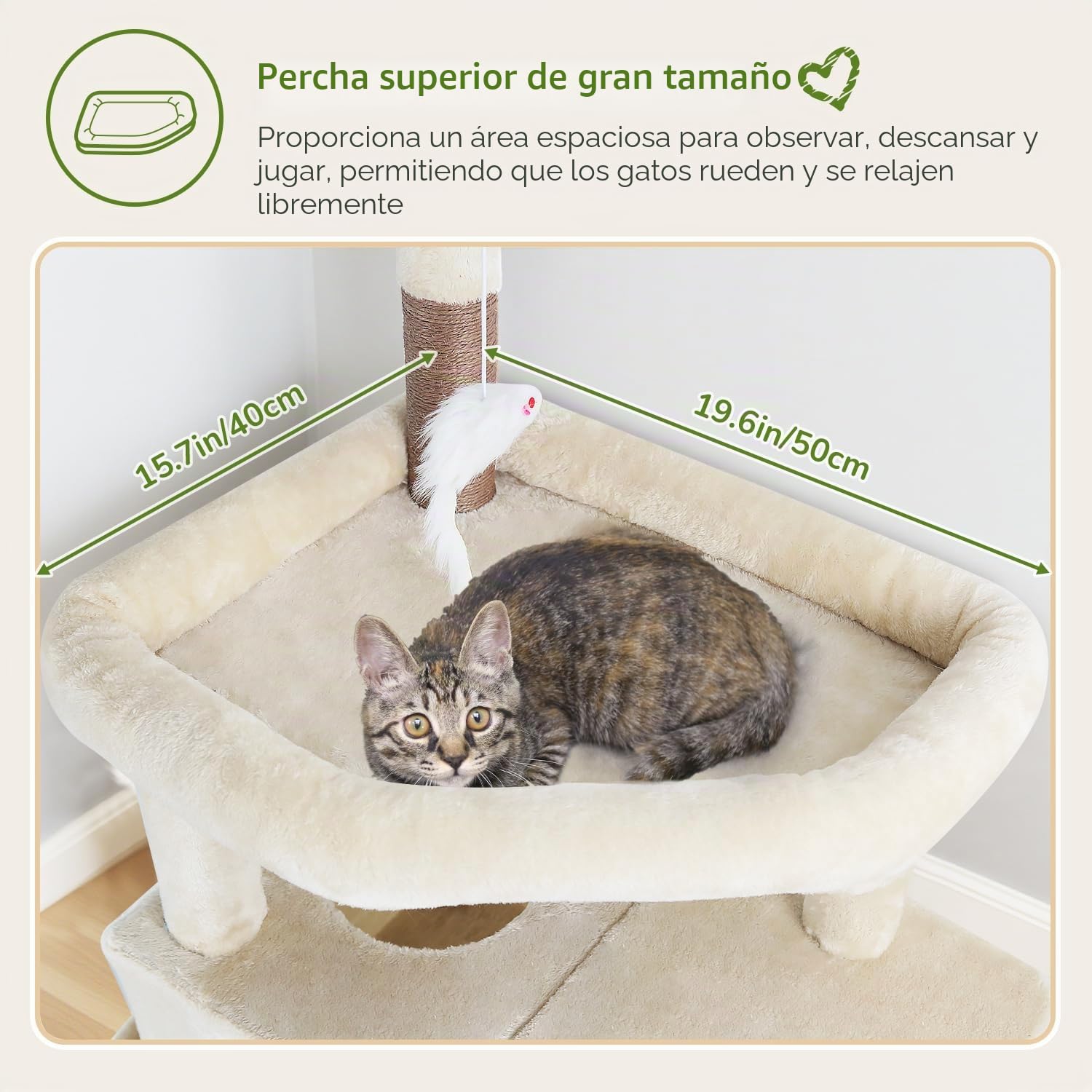 Globlazer Árbol Rascador para Gatos Beige Grande 188 cm Alto con 2 Nidos, Grande Plataforma Acolchada, Felpa Cesta, Peluche Juguetes, Estable Torre para Gatos Adultos Descansar Jugar (F74B, Beige)
